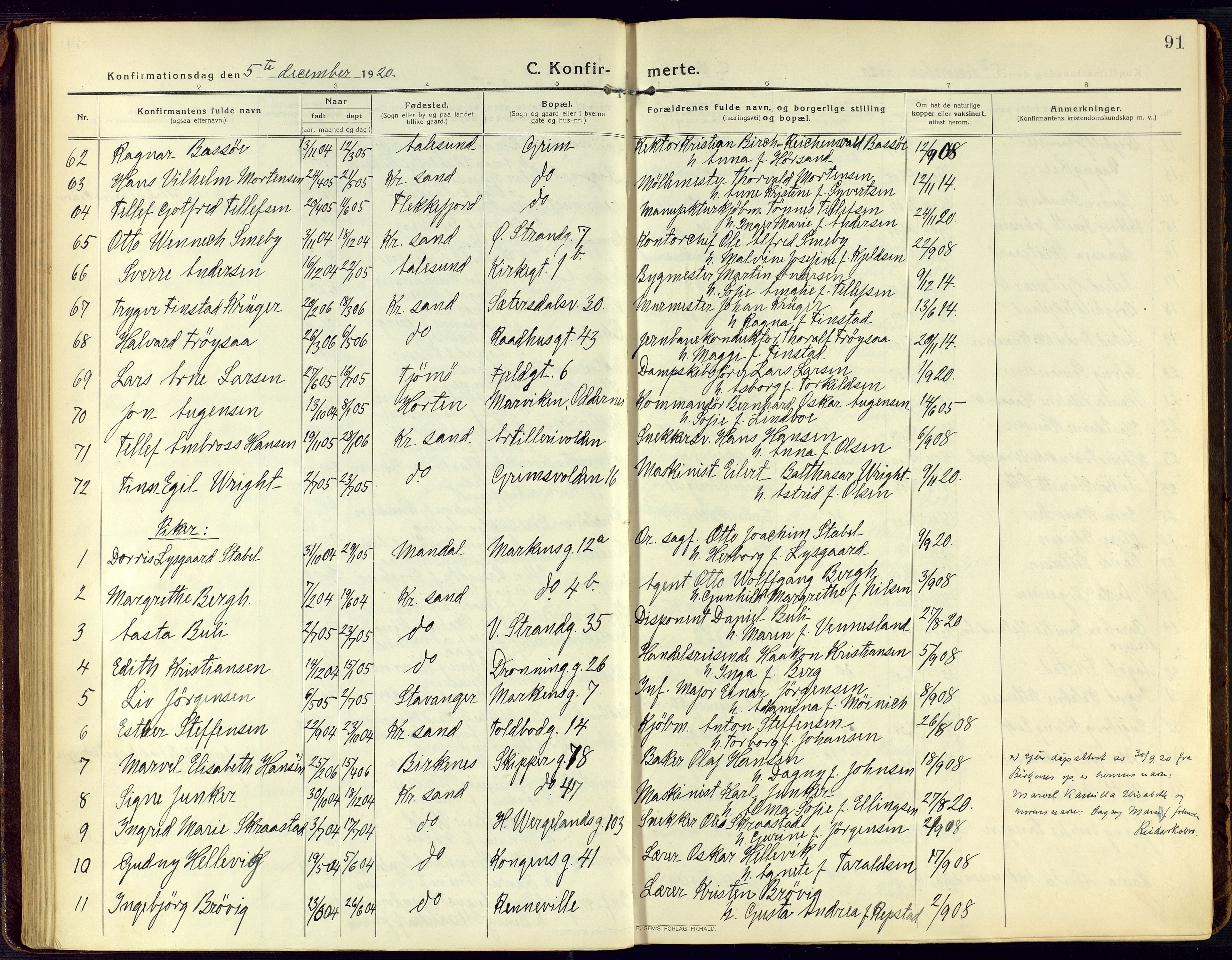 Kristiansand domprosti, AV/SAK-1112-0006/F/Fa/L0026: Ministerialbok nr. A 25, 1916-1928, s. 91