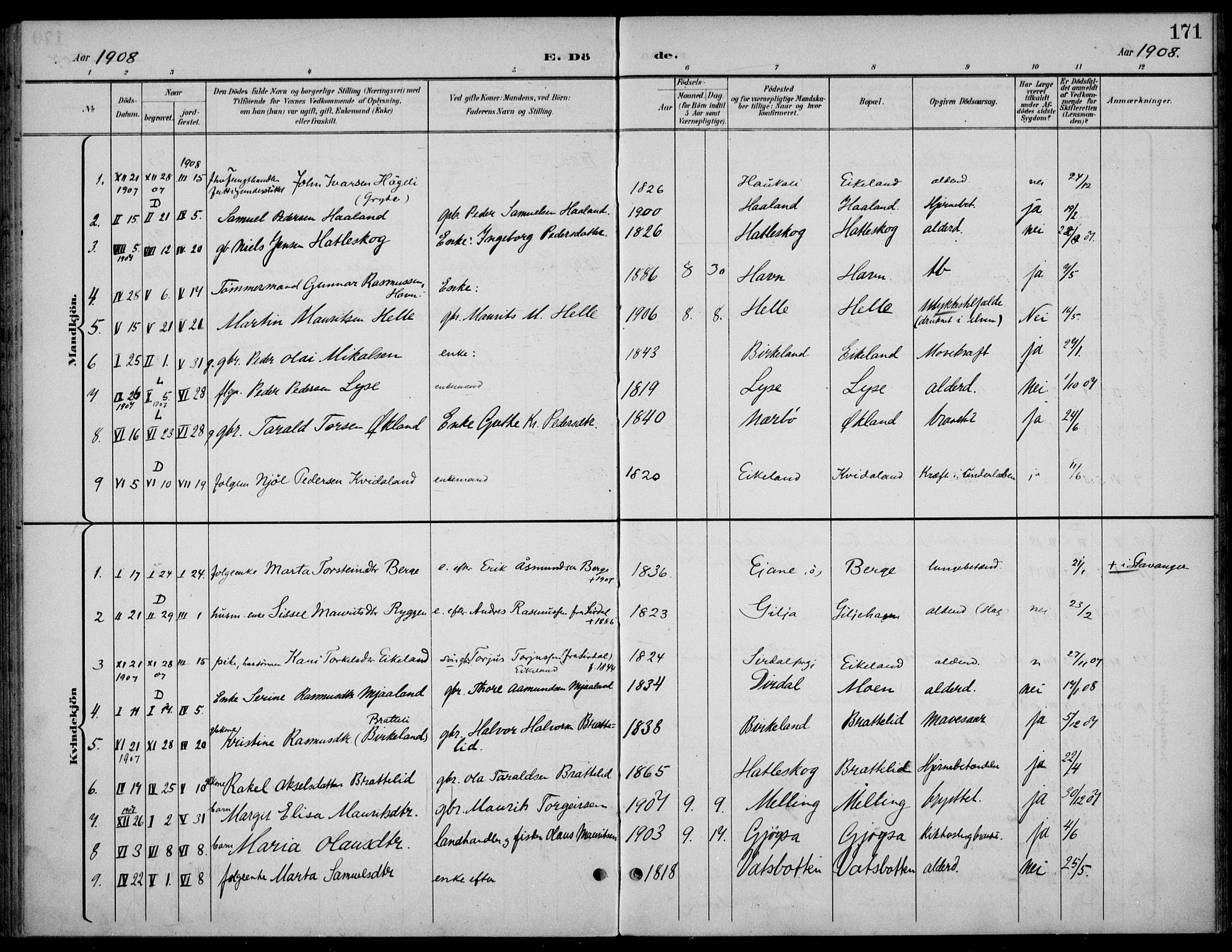 Høgsfjord sokneprestkontor, AV/SAST-A-101624/H/Ha/Haa/L0007: Ministerialbok nr. A 7, 1898-1917, s. 171