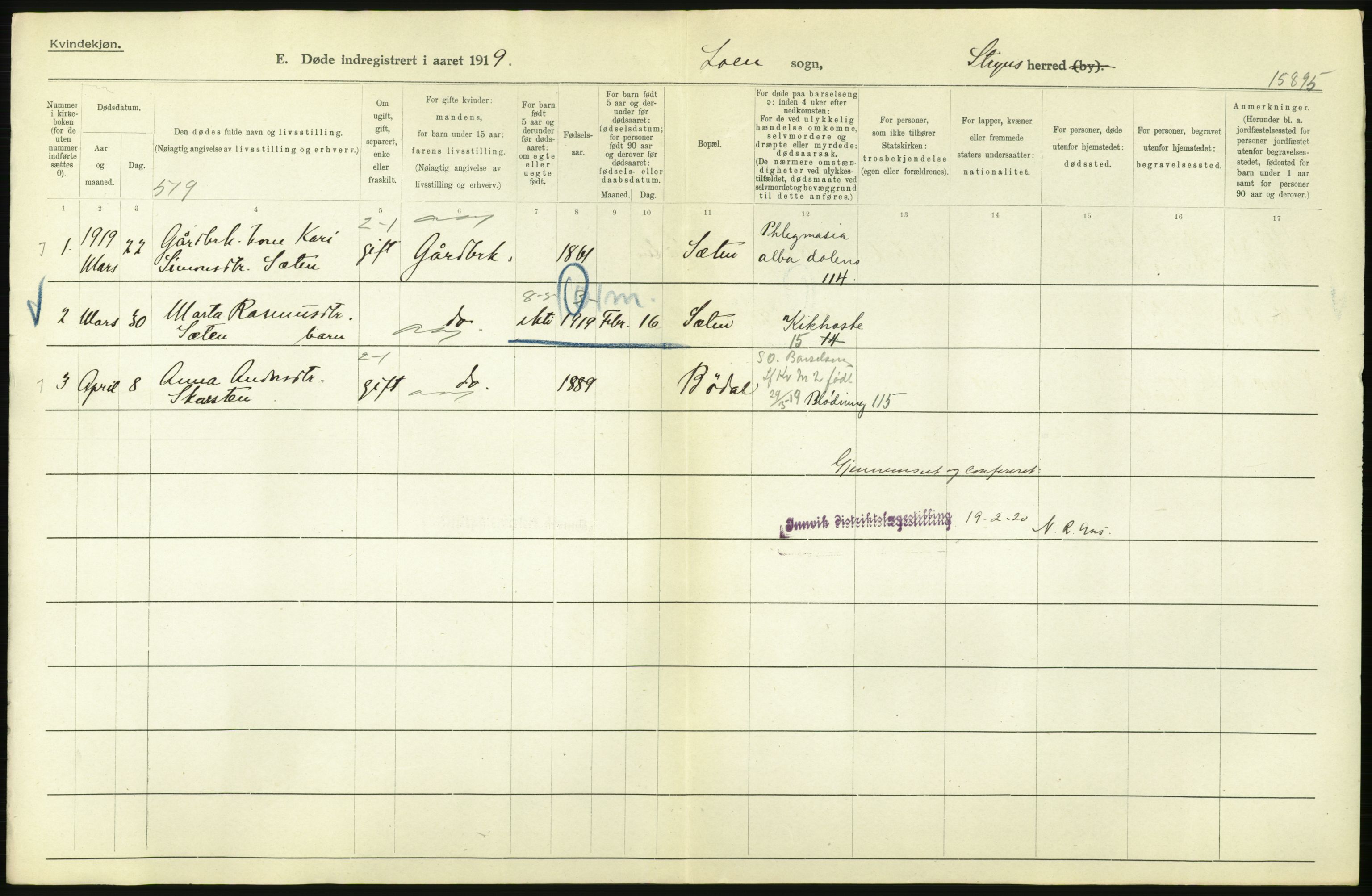 Statistisk sentralbyrå, Sosiodemografiske emner, Befolkning, RA/S-2228/D/Df/Dfb/Dfbi/L0037: Sogn og Fjordane: Døde, dødfødte. Bygder., 1919, s. 424