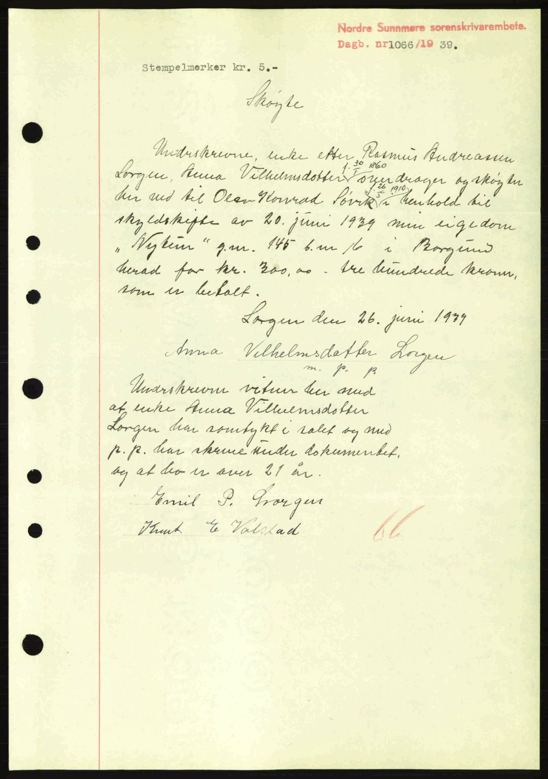 Nordre Sunnmøre sorenskriveri, SAT/A-0006/1/2/2C/2Ca: Pantebok nr. A7, 1939-1939, Dagboknr: 1066/1939