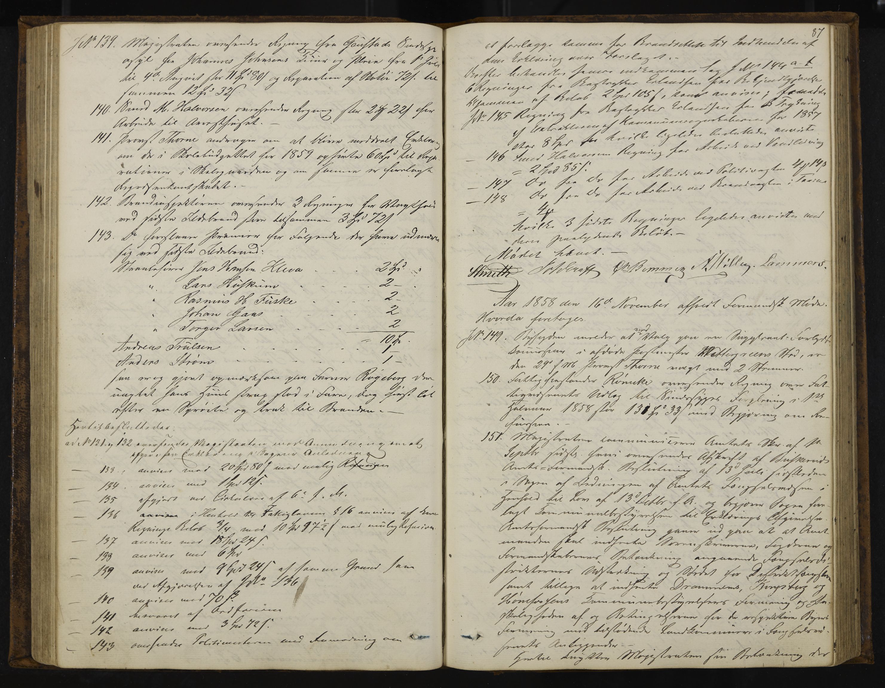 Kongsberg formannskap og sentraladministrasjon, IKAK/0604021-1/A/L0003: Møtebok med register, 1856-1861, s. 87