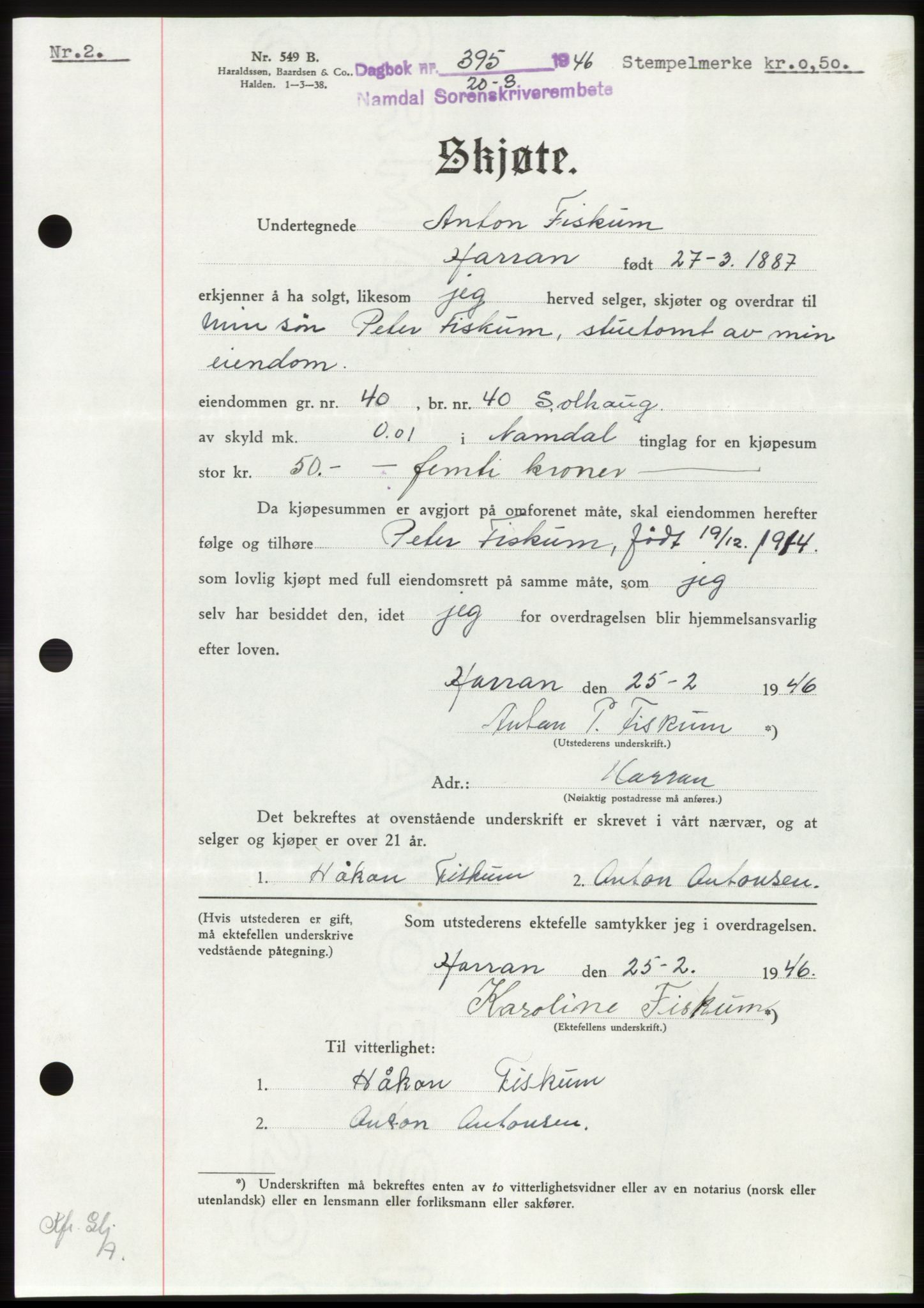Namdal sorenskriveri, SAT/A-4133/1/2/2C: Pantebok nr. -, 1946-1946, Dagboknr: 395/1946