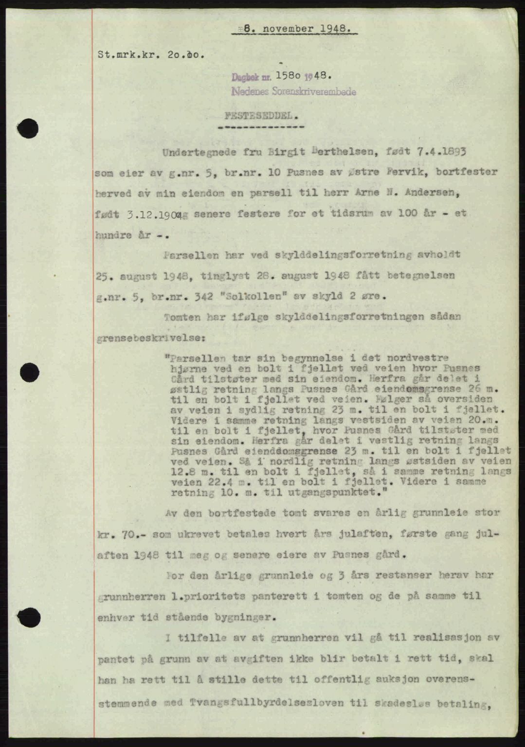Nedenes sorenskriveri, AV/SAK-1221-0006/G/Gb/Gba/L0059: Pantebok nr. A11, 1948-1948, Dagboknr: 1580/1948