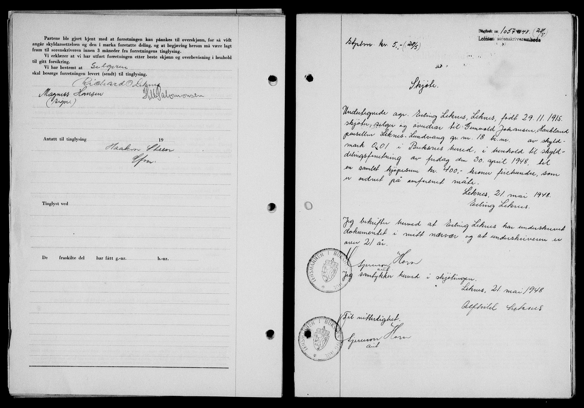 Lofoten sorenskriveri, SAT/A-0017/1/2/2C/L0018a: Pantebok nr. 18a, 1948-1948, Dagboknr: 1057/1948