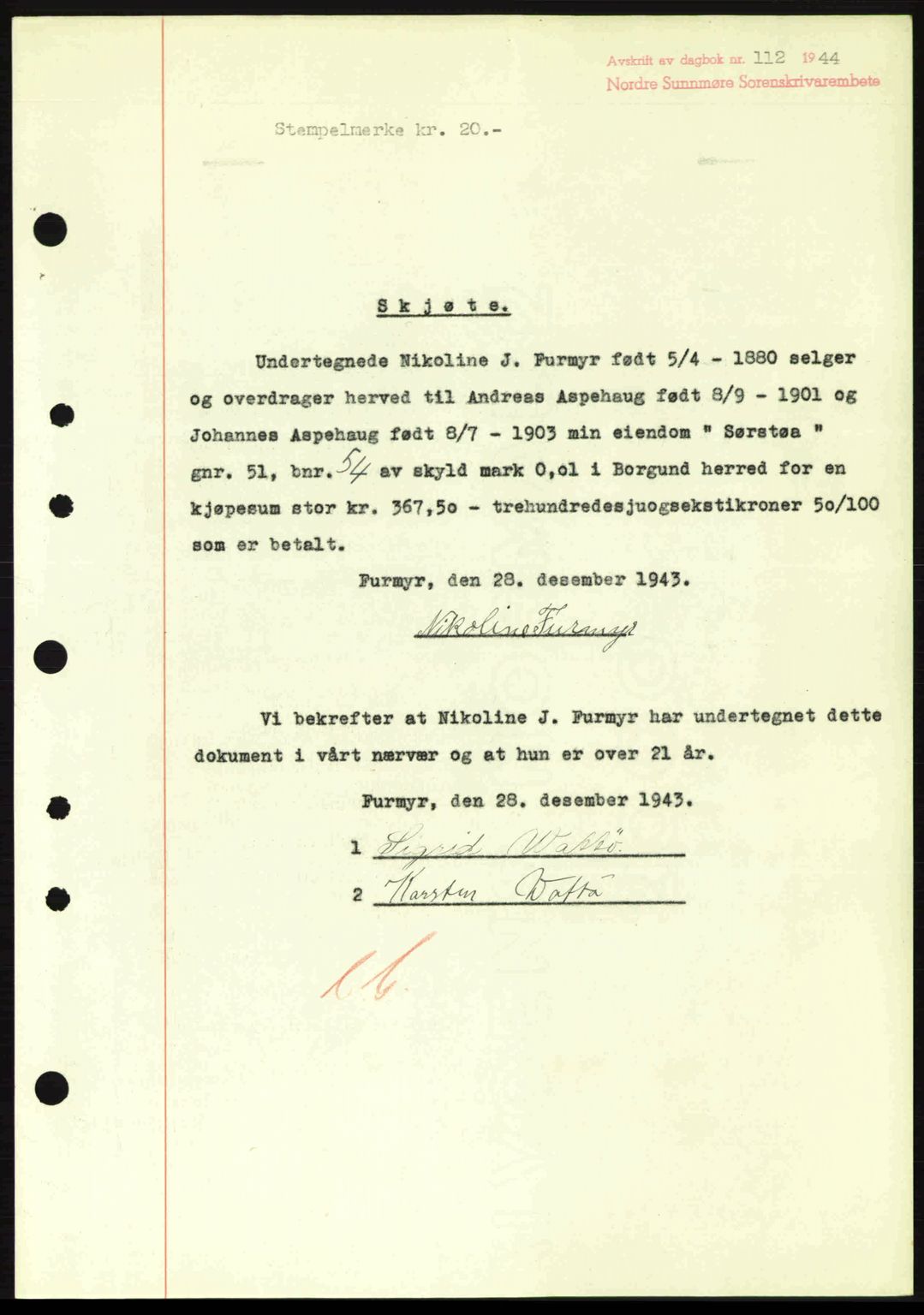 Nordre Sunnmøre sorenskriveri, AV/SAT-A-0006/1/2/2C/2Ca: Pantebok nr. A17, 1943-1944, Dagboknr: 112/1944