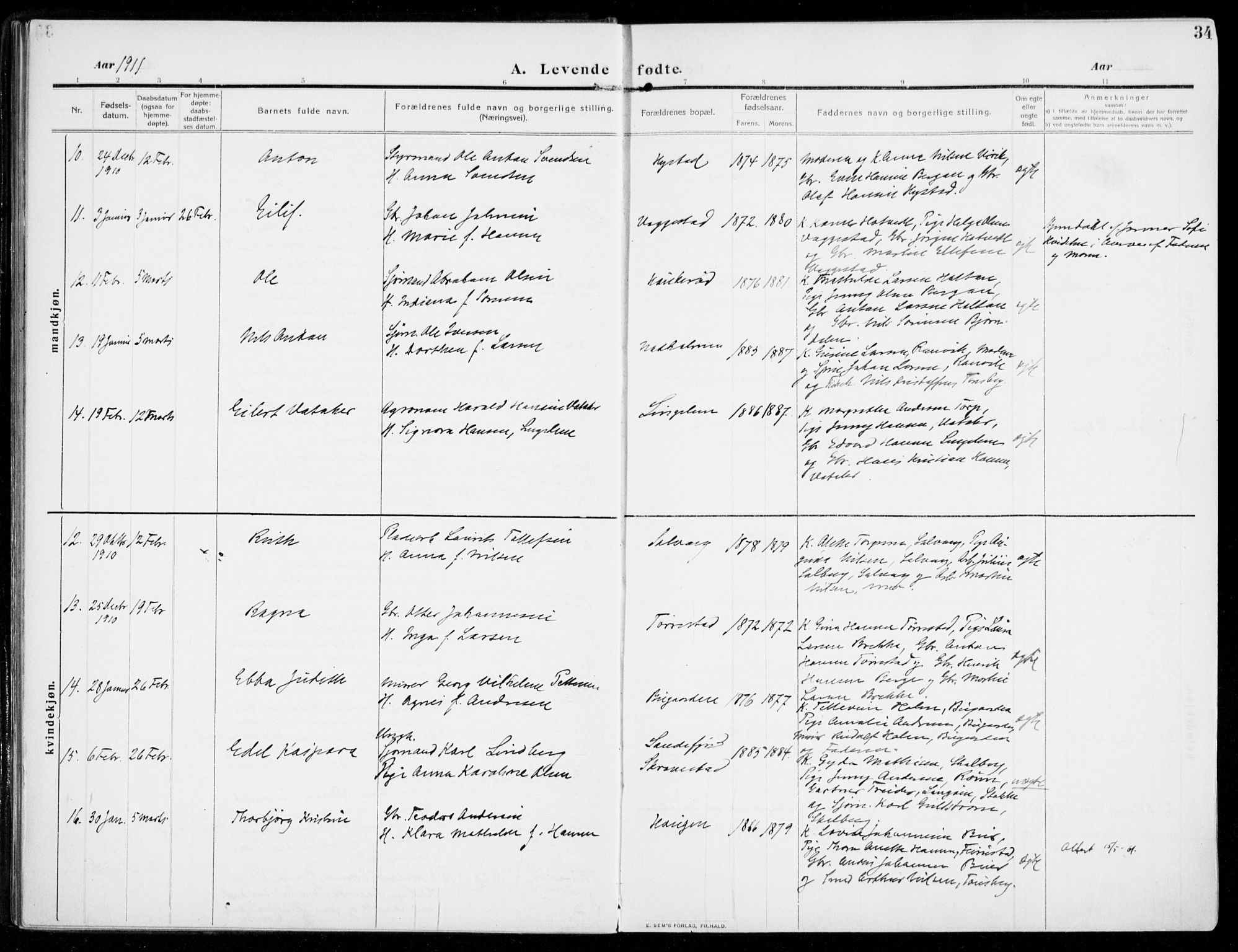 Sandar kirkebøker, AV/SAKO-A-243/F/Fa/L0016: Ministerialbok nr. 16, 1909-1919, s. 34