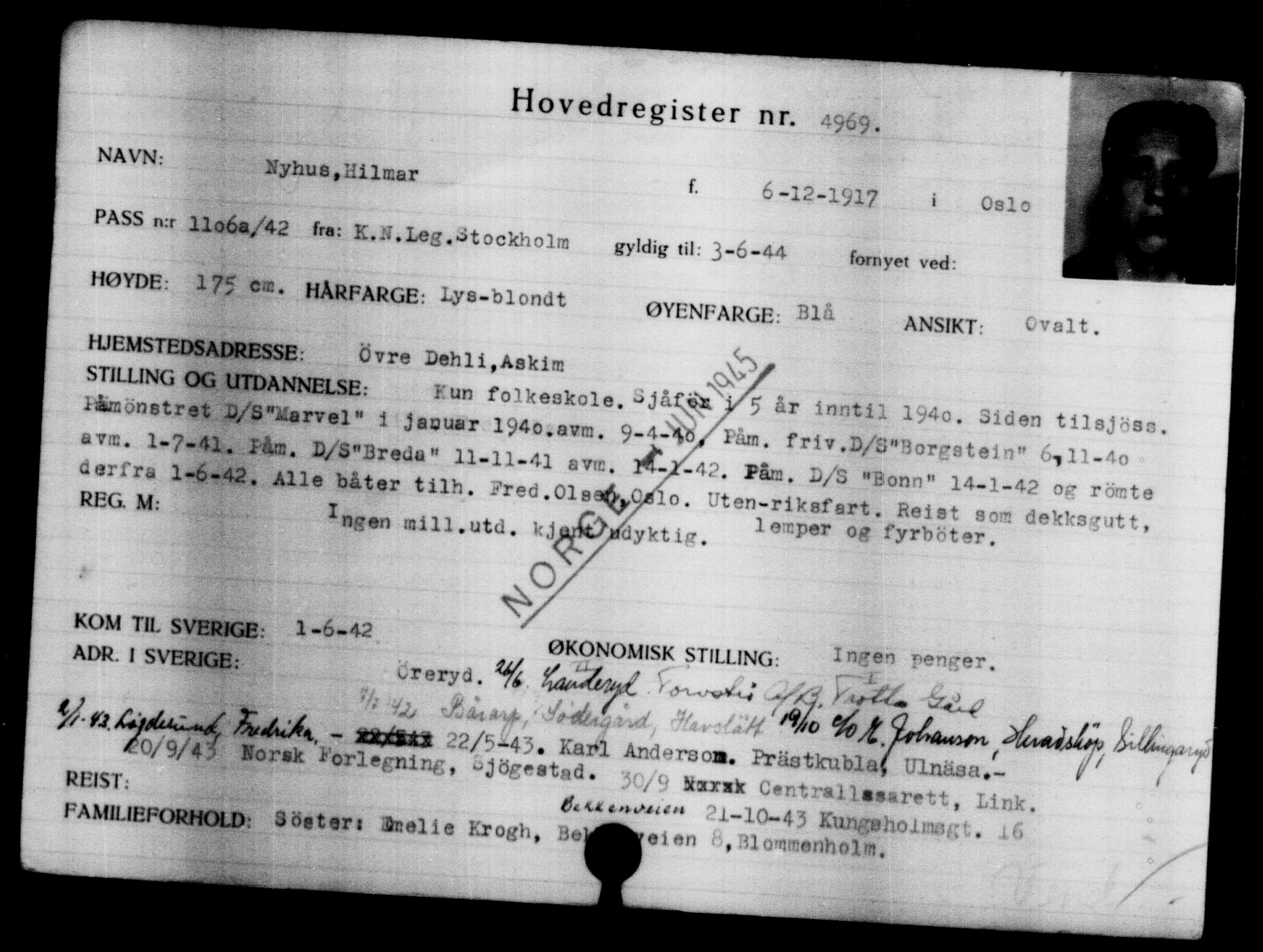 Utenriksstasjonene, Legasjonen i Stockholm, Flyktningkontoret, AV/RA-S-6753/V/Va/L0004: Kjesäterkartoteket, flyktninger med registreringsnr. 3496-6610, 1940-1945, s. 1750