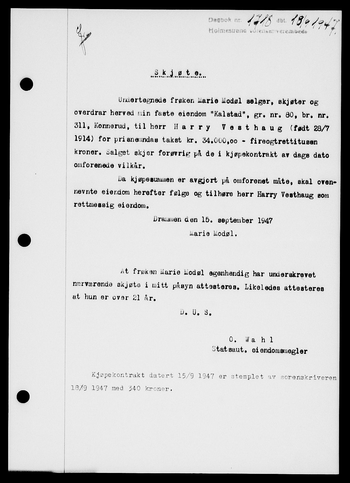 Holmestrand sorenskriveri, SAKO/A-67/G/Ga/Gaa/L0062: Pantebok nr. A-62, 1947-1947, Dagboknr: 1718/1947