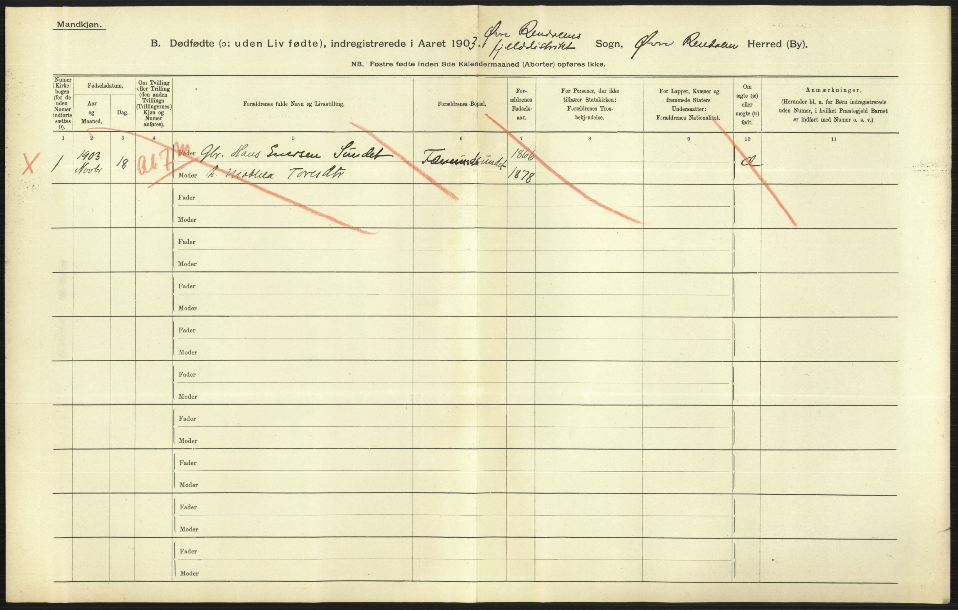 Statistisk sentralbyrå, Sosiodemografiske emner, Befolkning, AV/RA-S-2228/D/Df/Dfa/Dfaa/L0024: Smålenenes - Stavanger amt: Dødfødte. Bygder., 1903, s. 131