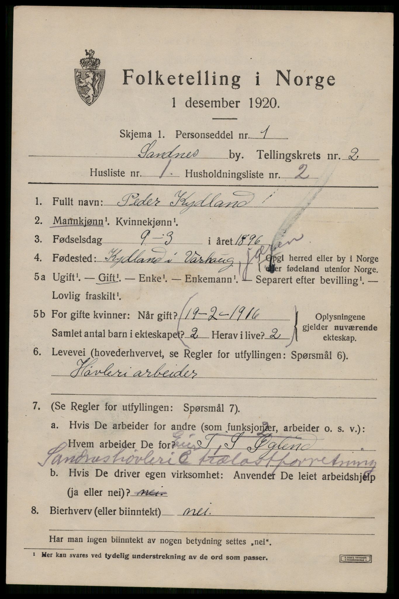 SAST, Folketelling 1920 for 1102 Sandnes ladested, 1920, s. 3038