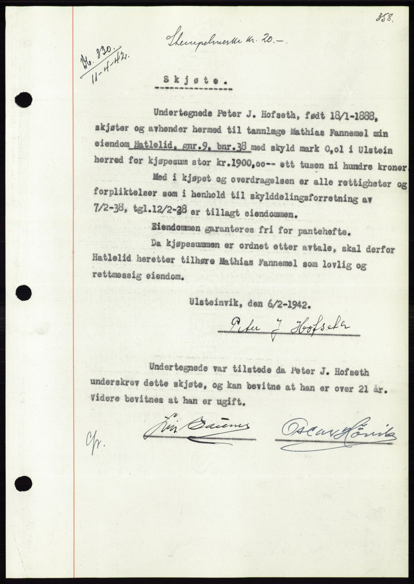Søre Sunnmøre sorenskriveri, SAT/A-4122/1/2/2C/L0073: Pantebok nr. 67, 1941-1942, Dagboknr: 330/1942