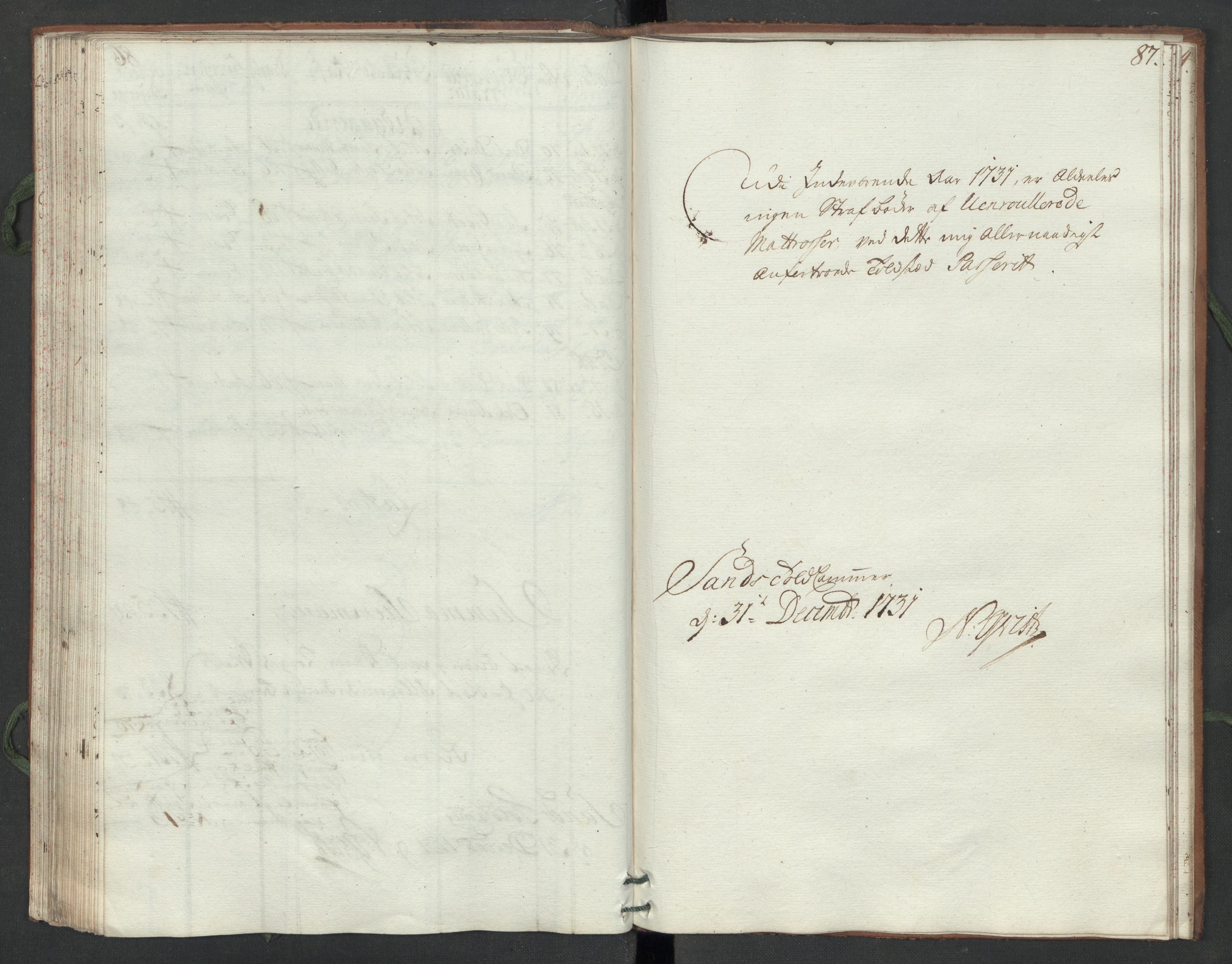 Generaltollkammeret, tollregnskaper, AV/RA-EA-5490/R07/L0009/0001: Tollregnskaper Sand / Hovedtollbok, 1731, s. 86b-87a