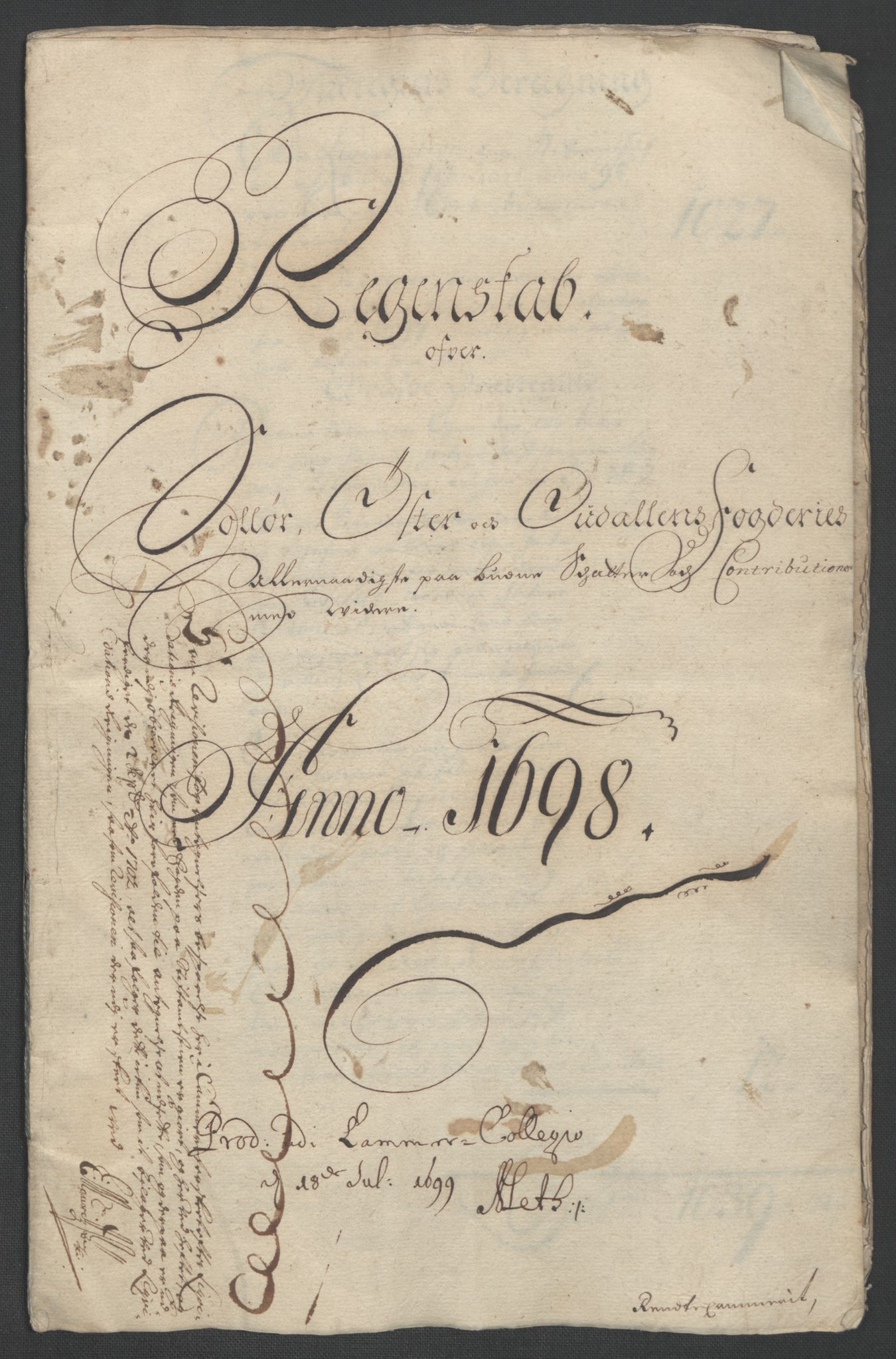 Rentekammeret inntil 1814, Reviderte regnskaper, Fogderegnskap, RA/EA-4092/R13/L0836: Fogderegnskap Solør, Odal og Østerdal, 1698, s. 3