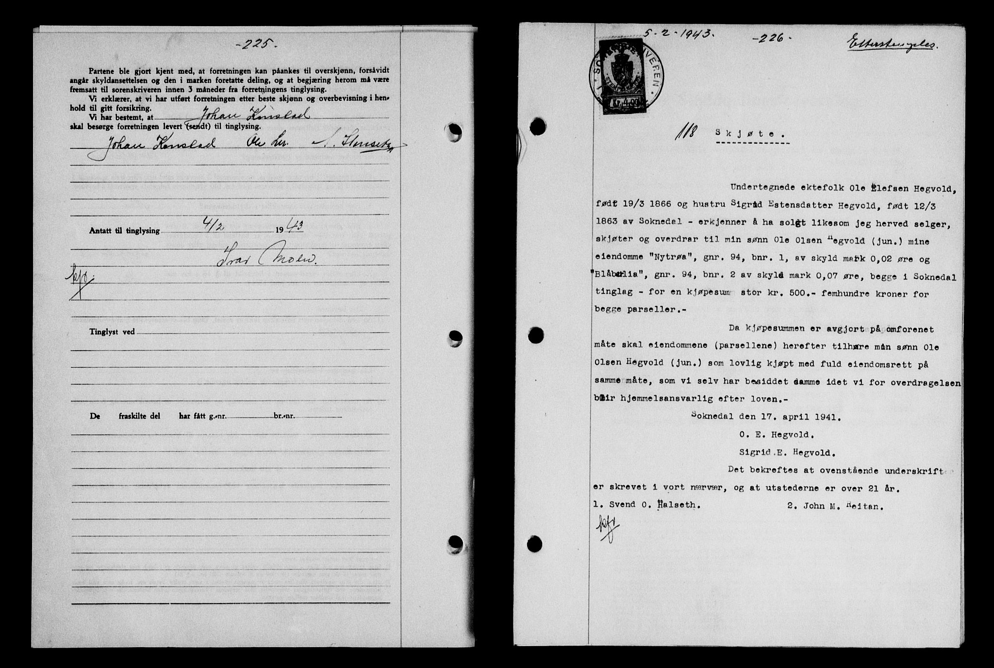 Gauldal sorenskriveri, SAT/A-0014/1/2/2C/L0056: Pantebok nr. 61, 1942-1943, Dagboknr: 118/1943