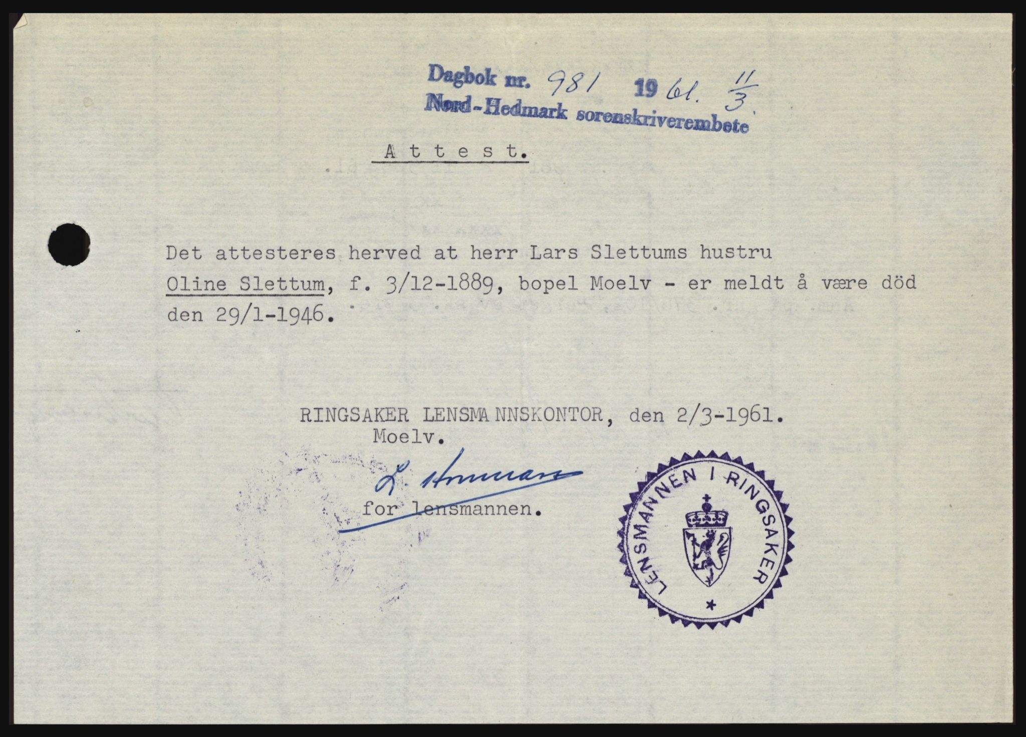 Nord-Hedmark sorenskriveri, SAH/TING-012/H/Hc/L0015: Pantebok nr. 15, 1961-1961, Dagboknr: 981/1961