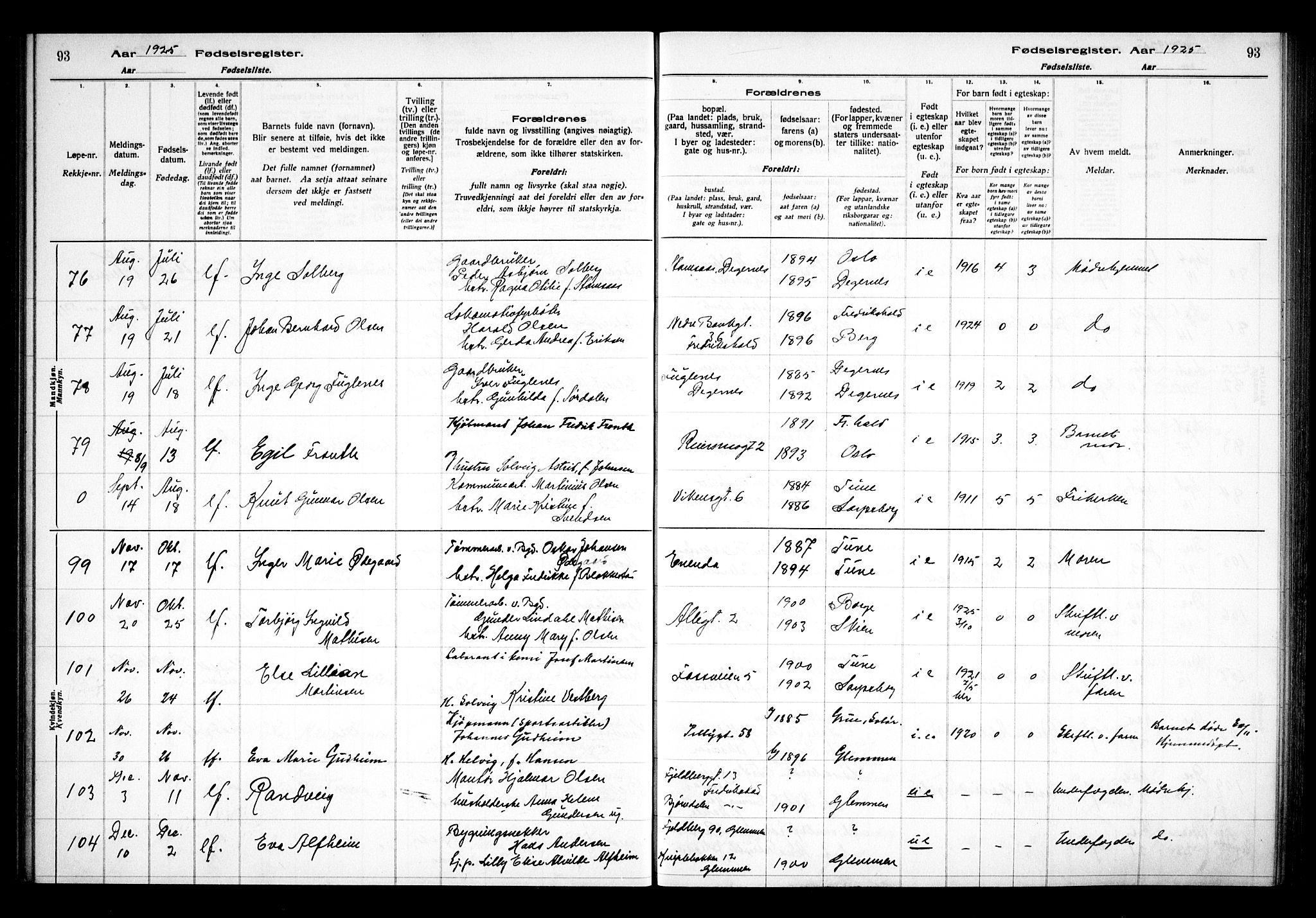 Sarpsborg prestekontor Kirkebøker, AV/SAO-A-2006/J/Ja/L0002: Fødselsregister nr. 2, 1922-1928, s. 93