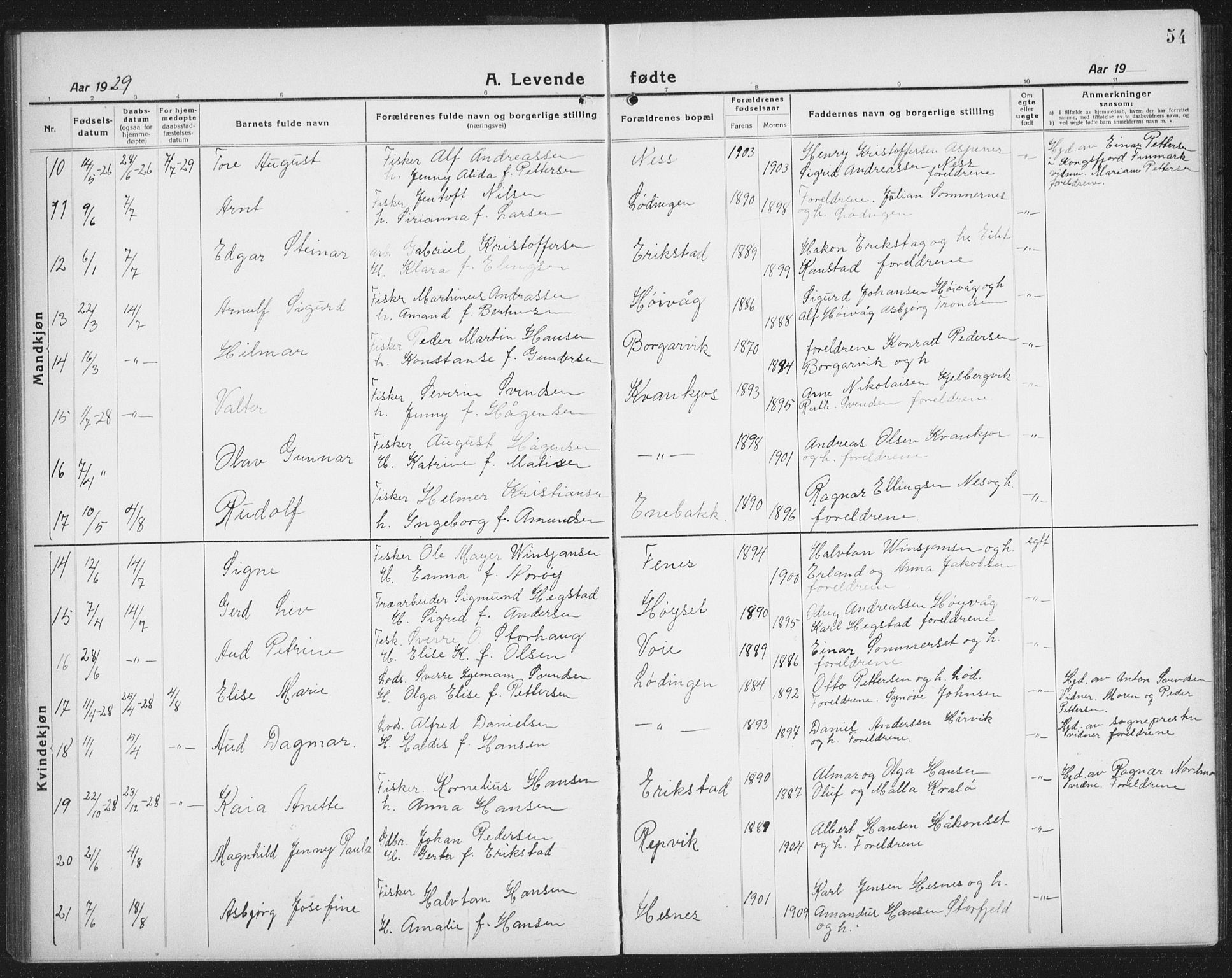 Ministerialprotokoller, klokkerbøker og fødselsregistre - Nordland, AV/SAT-A-1459/872/L1049: Klokkerbok nr. 872C05, 1920-1938, s. 54