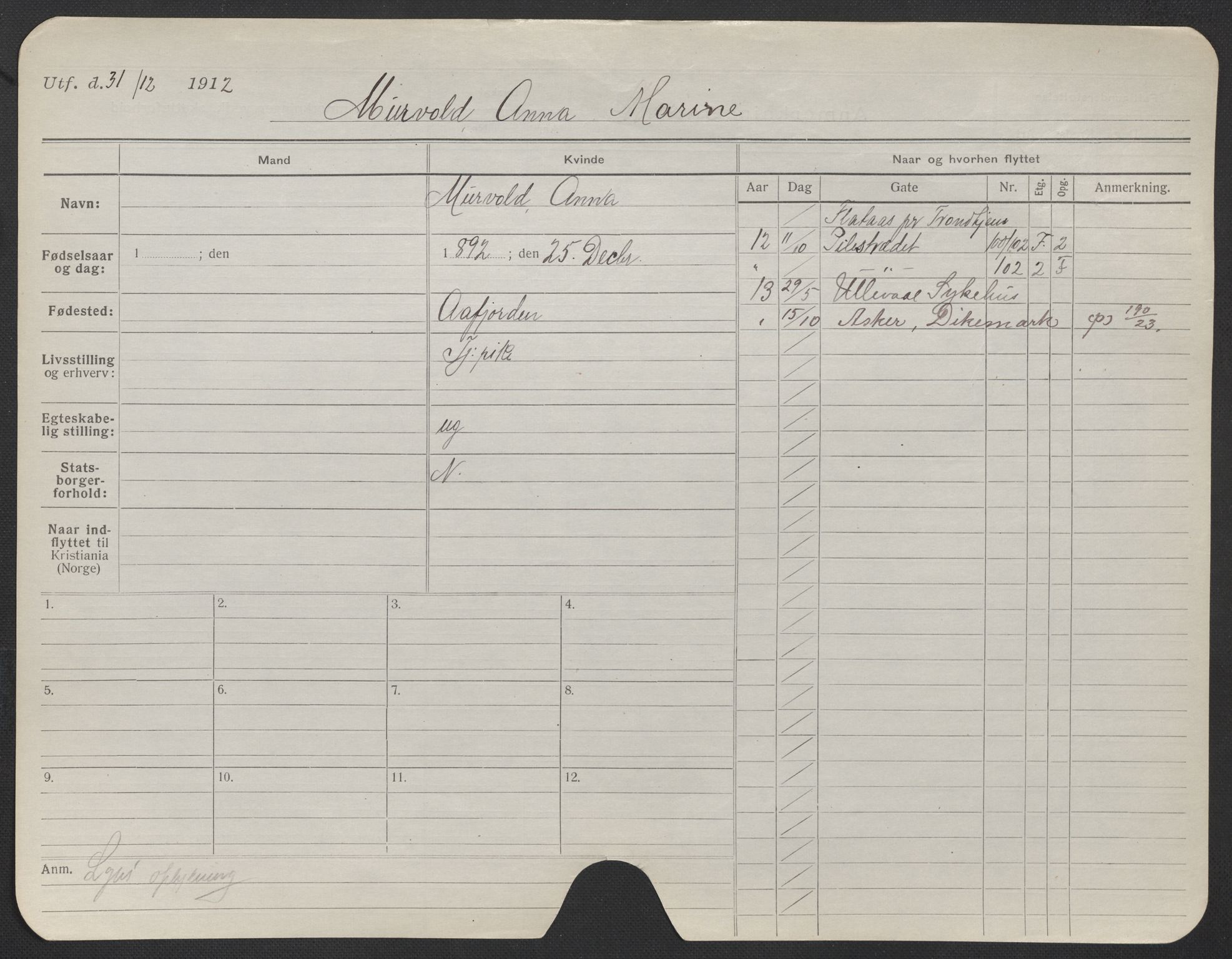 Oslo folkeregister, Registerkort, AV/SAO-A-11715/F/Fa/Fac/L0020: Kvinner, 1906-1914, s. 1101a