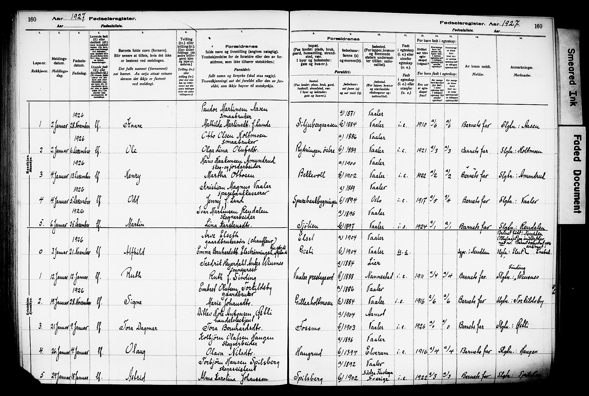 Våler prestekontor, Hedmark, SAH/PREST-040/I/Id/L0001: Fødselsregister nr. 1, 1916-1930, s. 160