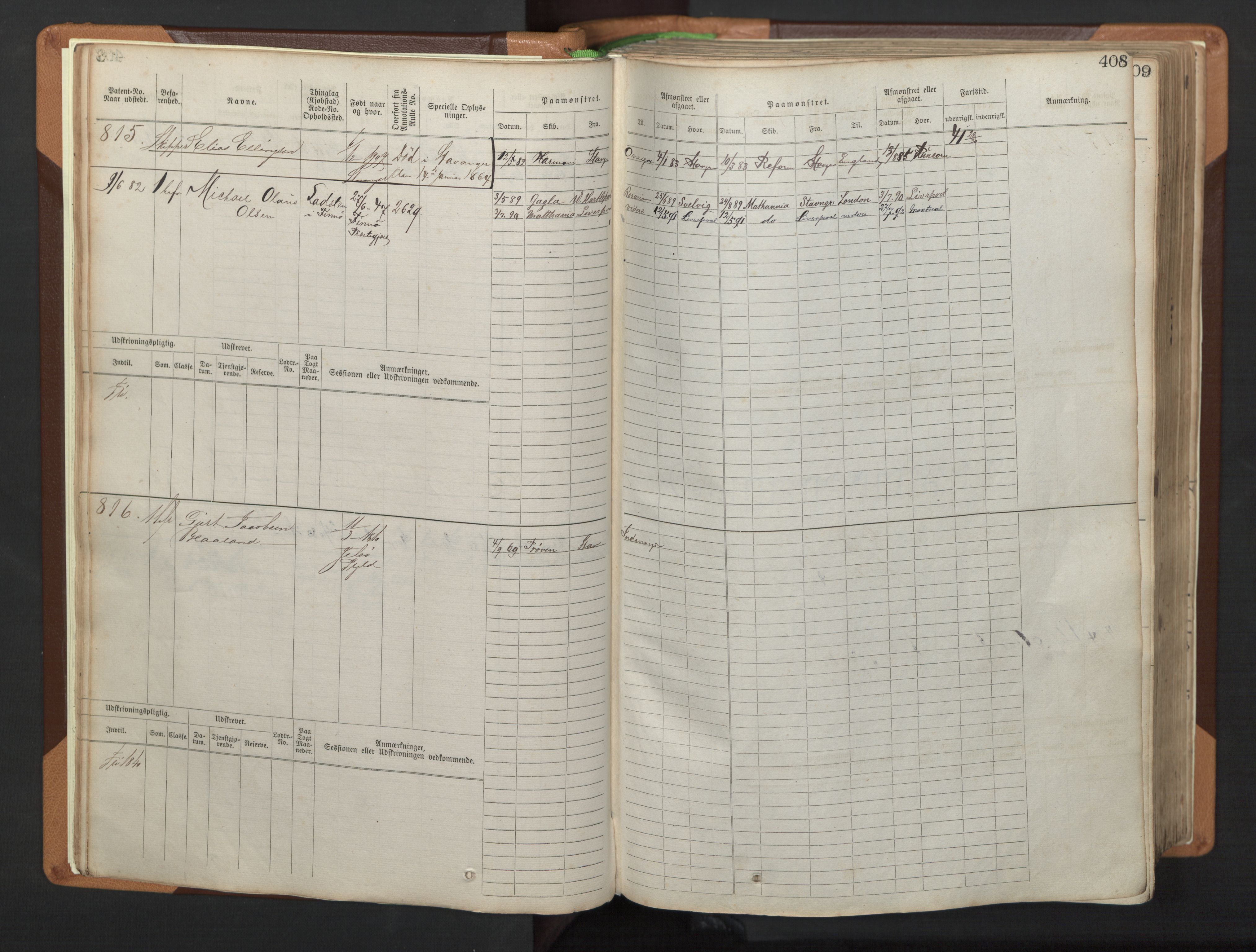 Stavanger sjømannskontor, AV/SAST-A-102006/F/Fb/Fbb/L0005: Sjøfartshovedrulle, patentnr. 793-1606 (del 2), 1869-1880, s. 14