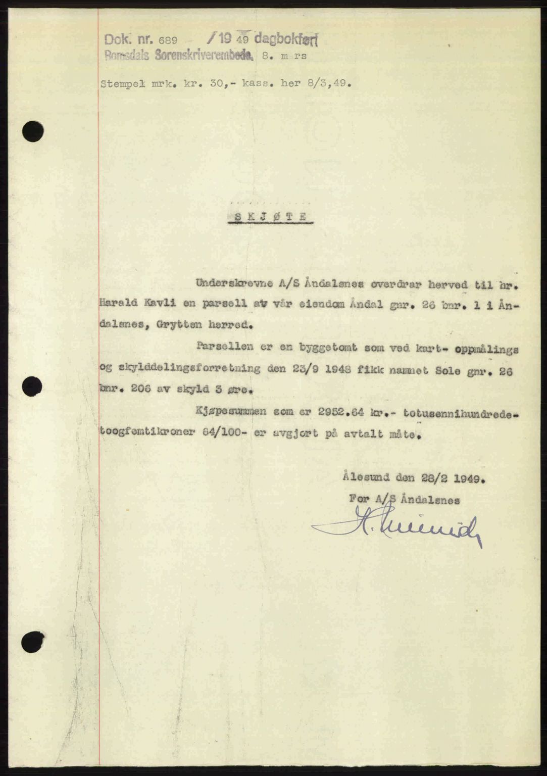 Romsdal sorenskriveri, SAT/A-4149/1/2/2C: Pantebok nr. A29, 1949-1949, Dagboknr: 689/1949