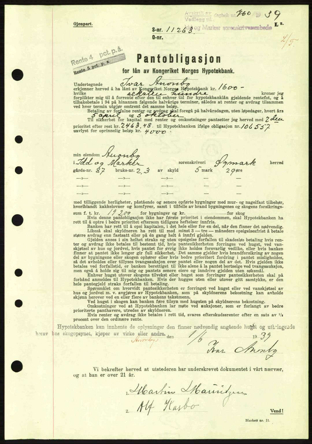 Idd og Marker sorenskriveri, AV/SAO-A-10283/G/Gb/Gbc/L0002: Pantebok nr. B4-9a, 1939-1945, Dagboknr: 760/1939