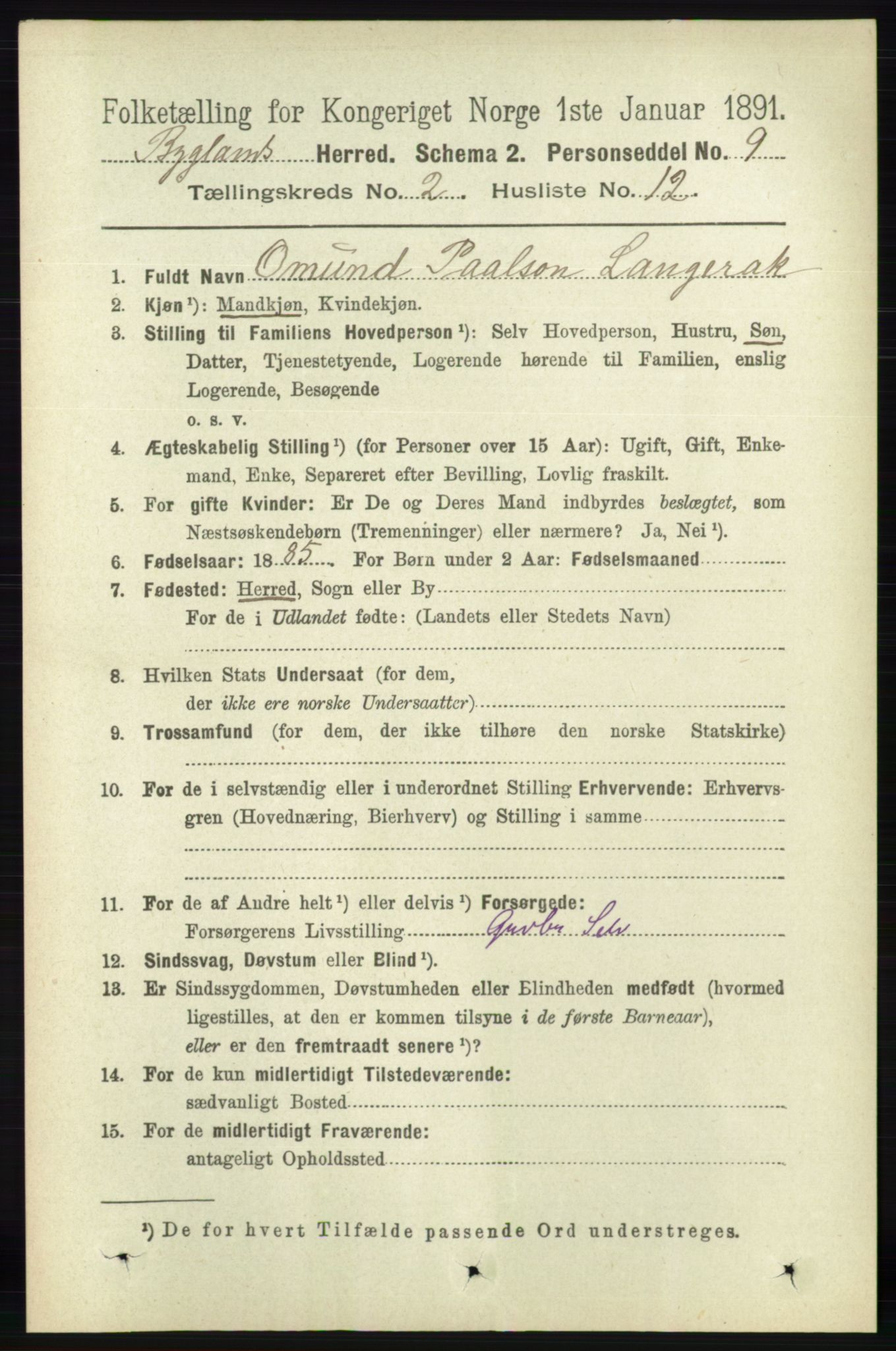 RA, Folketelling 1891 for 0938 Bygland herred, 1891, s. 325