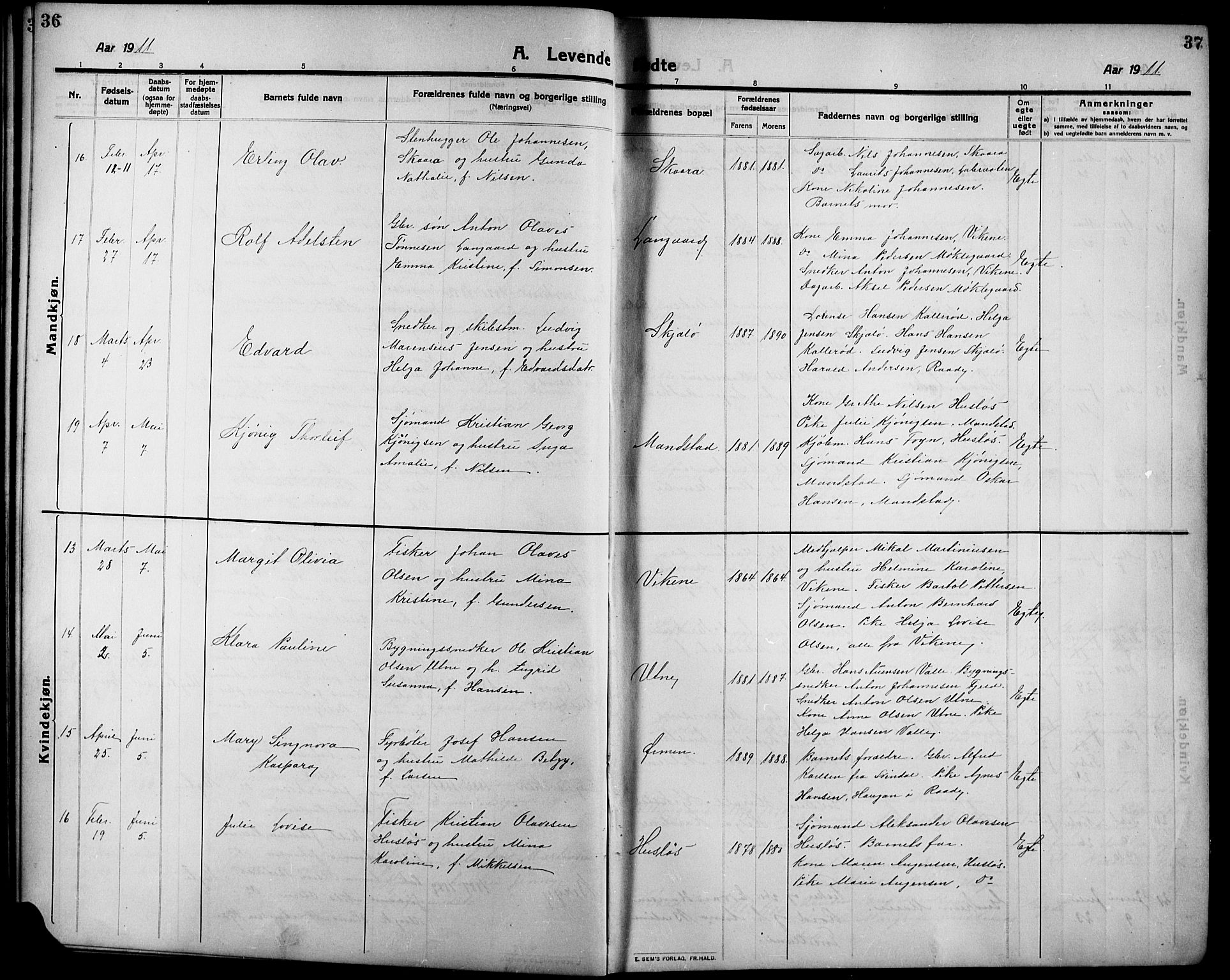 Onsøy prestekontor Kirkebøker, AV/SAO-A-10914/G/Ga/L0003: Klokkerbok nr. I 3, 1910-1926, s. 36-37