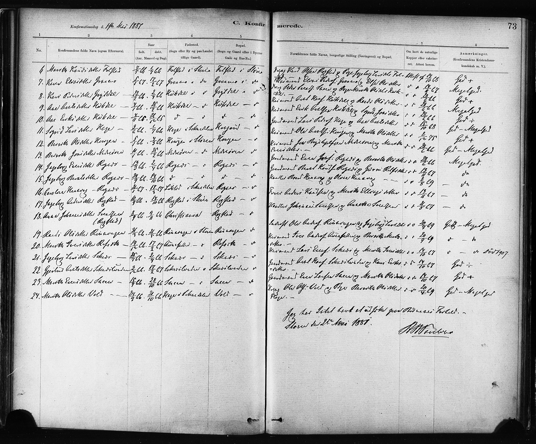 Ministerialprotokoller, klokkerbøker og fødselsregistre - Sør-Trøndelag, AV/SAT-A-1456/687/L1002: Ministerialbok nr. 687A08, 1878-1890, s. 73