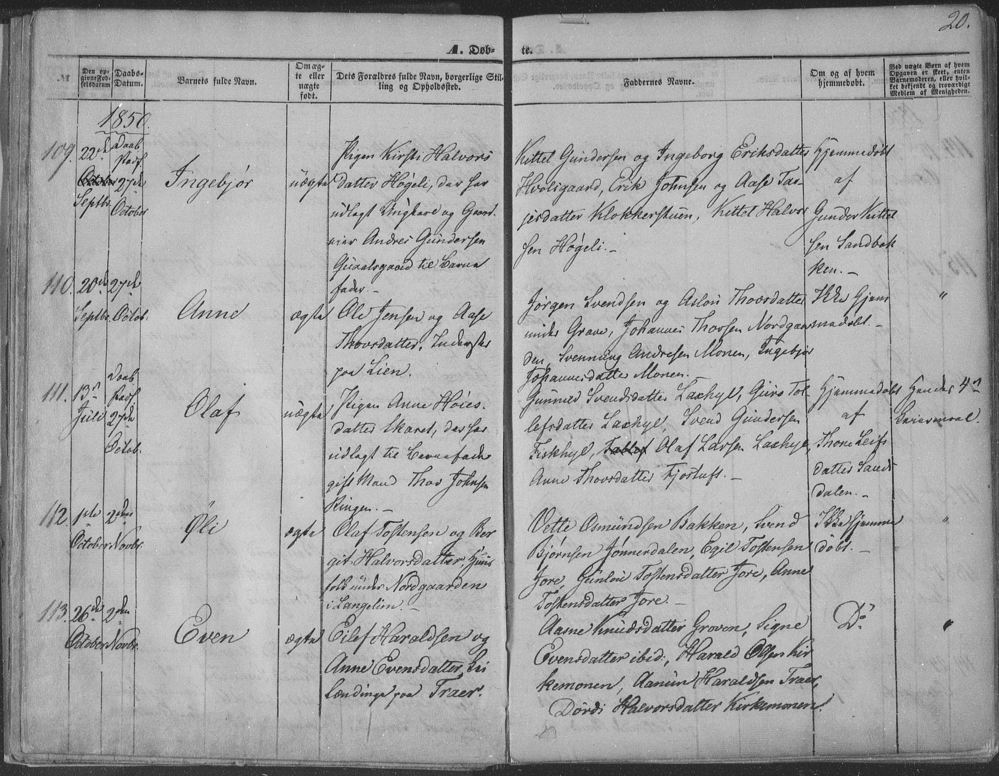 Seljord kirkebøker, AV/SAKO-A-20/F/Fa/L012a: Ministerialbok nr. I 12A, 1850-1865, s. 20