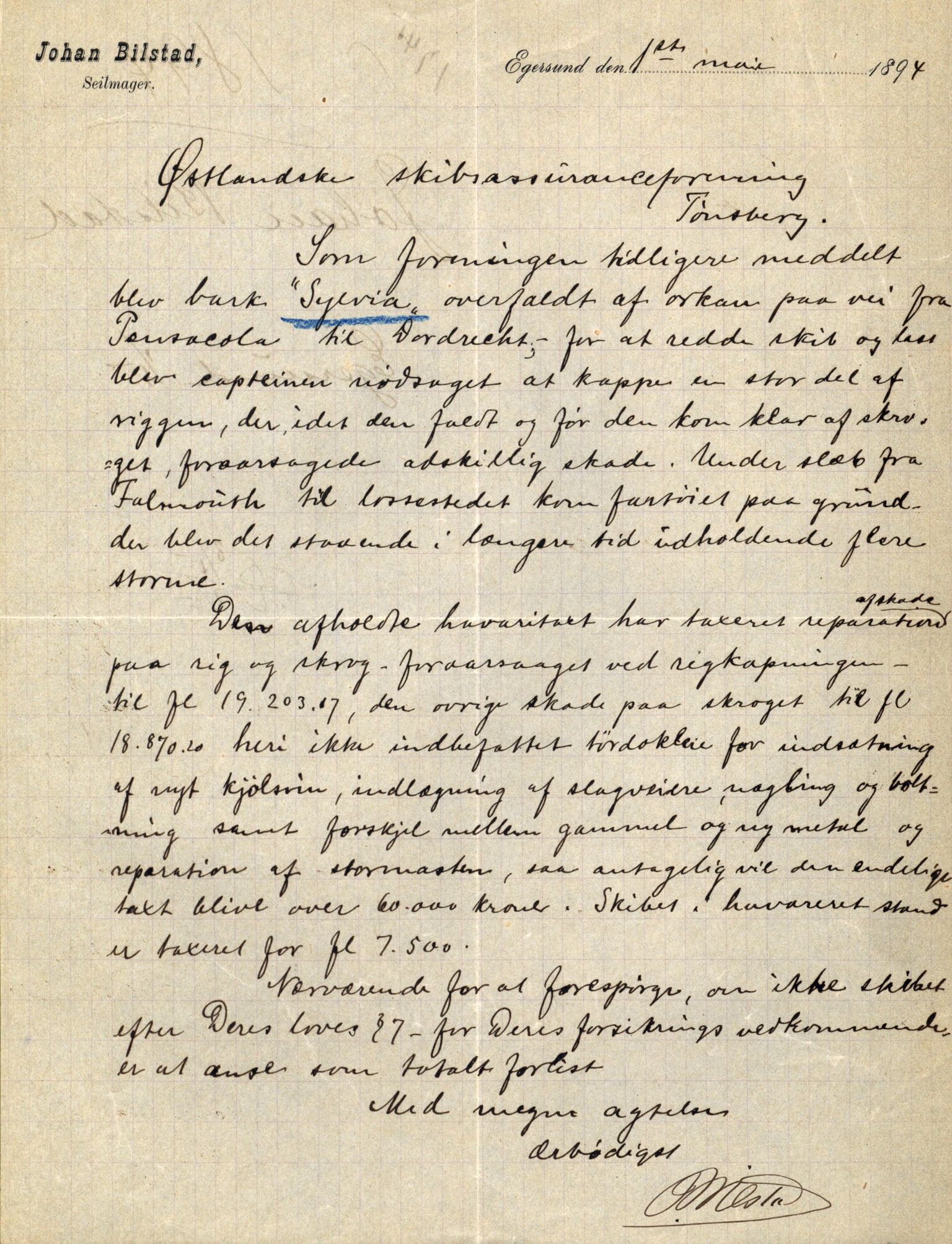 Pa 63 - Østlandske skibsassuranceforening, VEMU/A-1079/G/Ga/L0030/0006: Havaridokumenter / Sylvia, Stærk, Cathrine, Caroline, Glengairn, 1893, s. 14