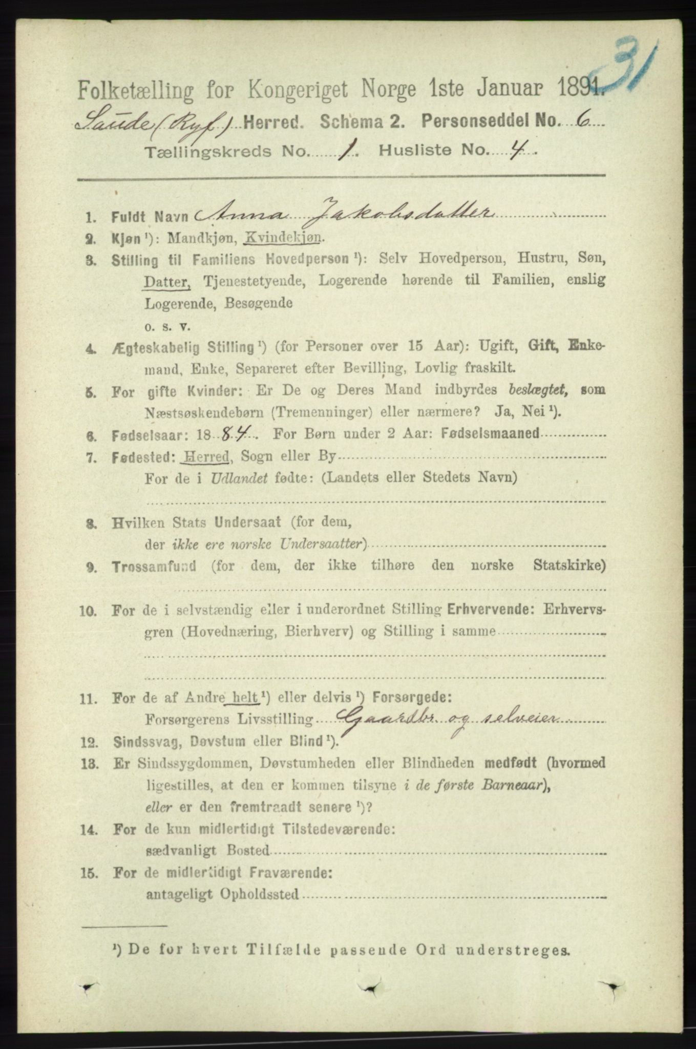 RA, Folketelling 1891 for 1135 Sauda herred, 1891, s. 124