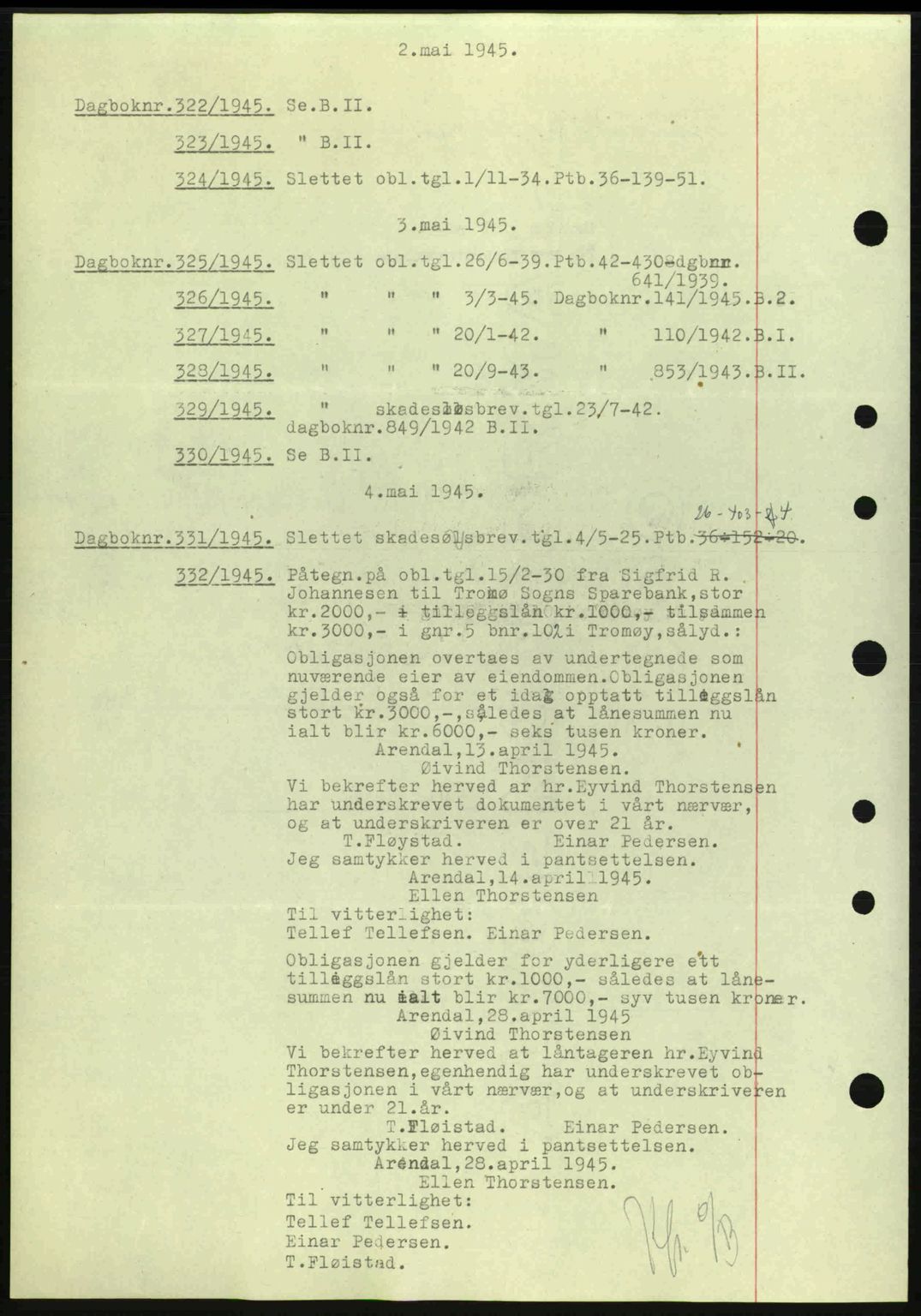 Nedenes sorenskriveri, AV/SAK-1221-0006/G/Gb/Gba/L0052: Pantebok nr. A6a, 1944-1945, Dagboknr: 322/1945