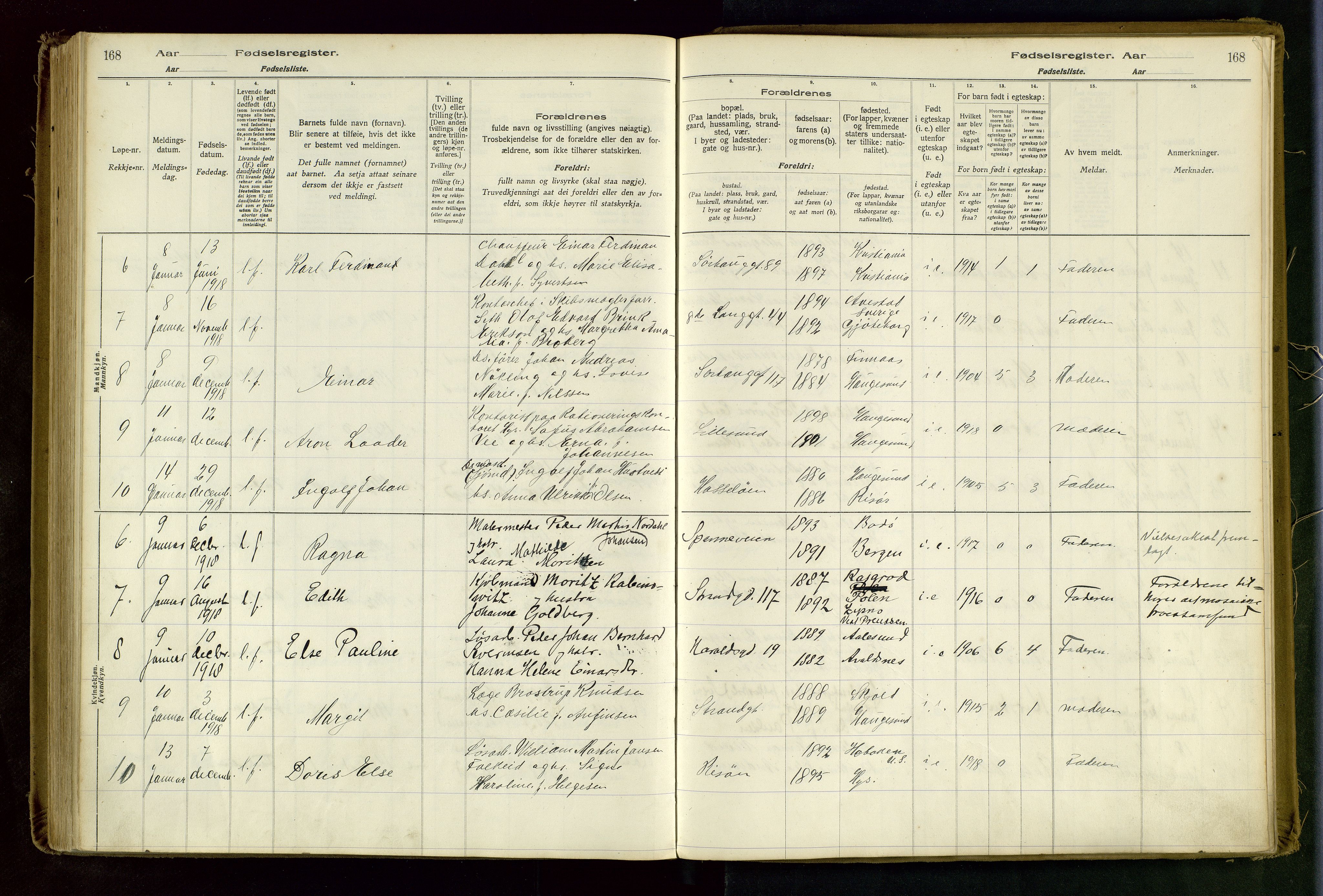 Haugesund sokneprestkontor, AV/SAST-A -101863/I/Id/L0003: Fødselsregister nr. 1, 1916-1919, s. 168