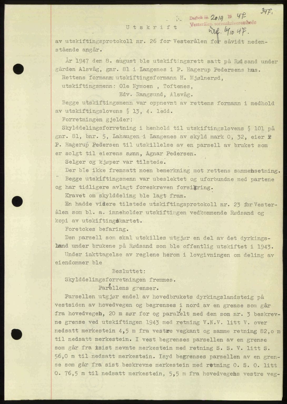 Vesterålen sorenskriveri, SAT/A-4180/1/2/2Ca: Pantebok nr. A21, 1947-1947, Dagboknr: 2019/1947