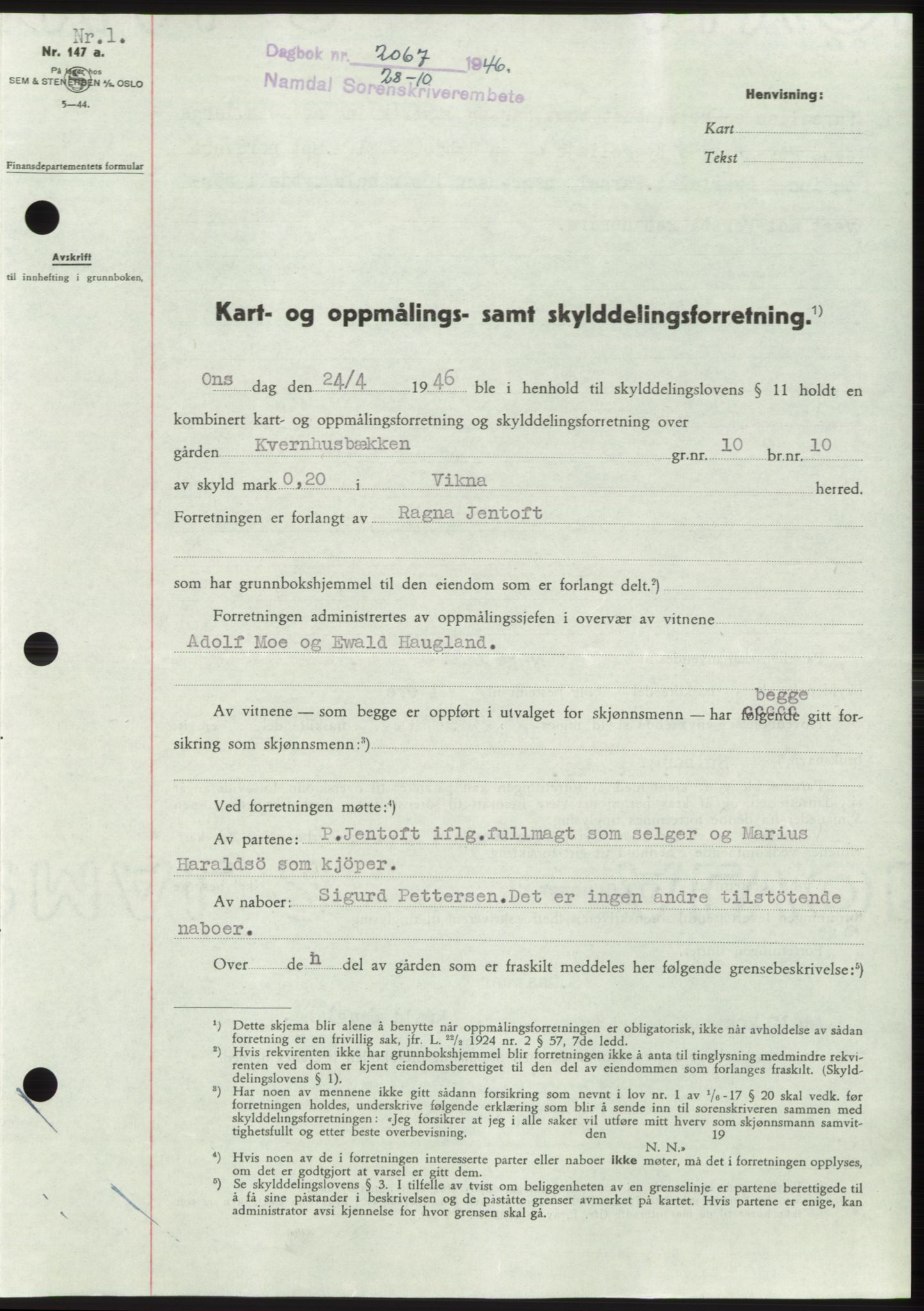 Namdal sorenskriveri, SAT/A-4133/1/2/2C: Pantebok nr. -, 1946-1947, Dagboknr: 2067/1946