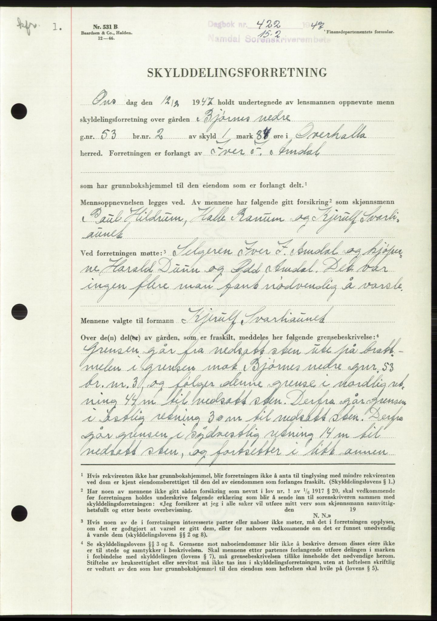 Namdal sorenskriveri, SAT/A-4133/1/2/2C: Pantebok nr. -, 1946-1947, Dagboknr: 422/1947
