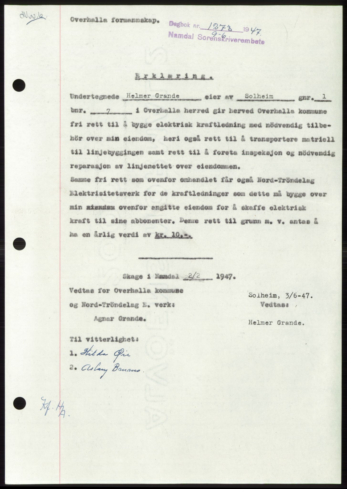 Namdal sorenskriveri, SAT/A-4133/1/2/2C: Pantebok nr. -, 1947-1947, Dagboknr: 1273/1947