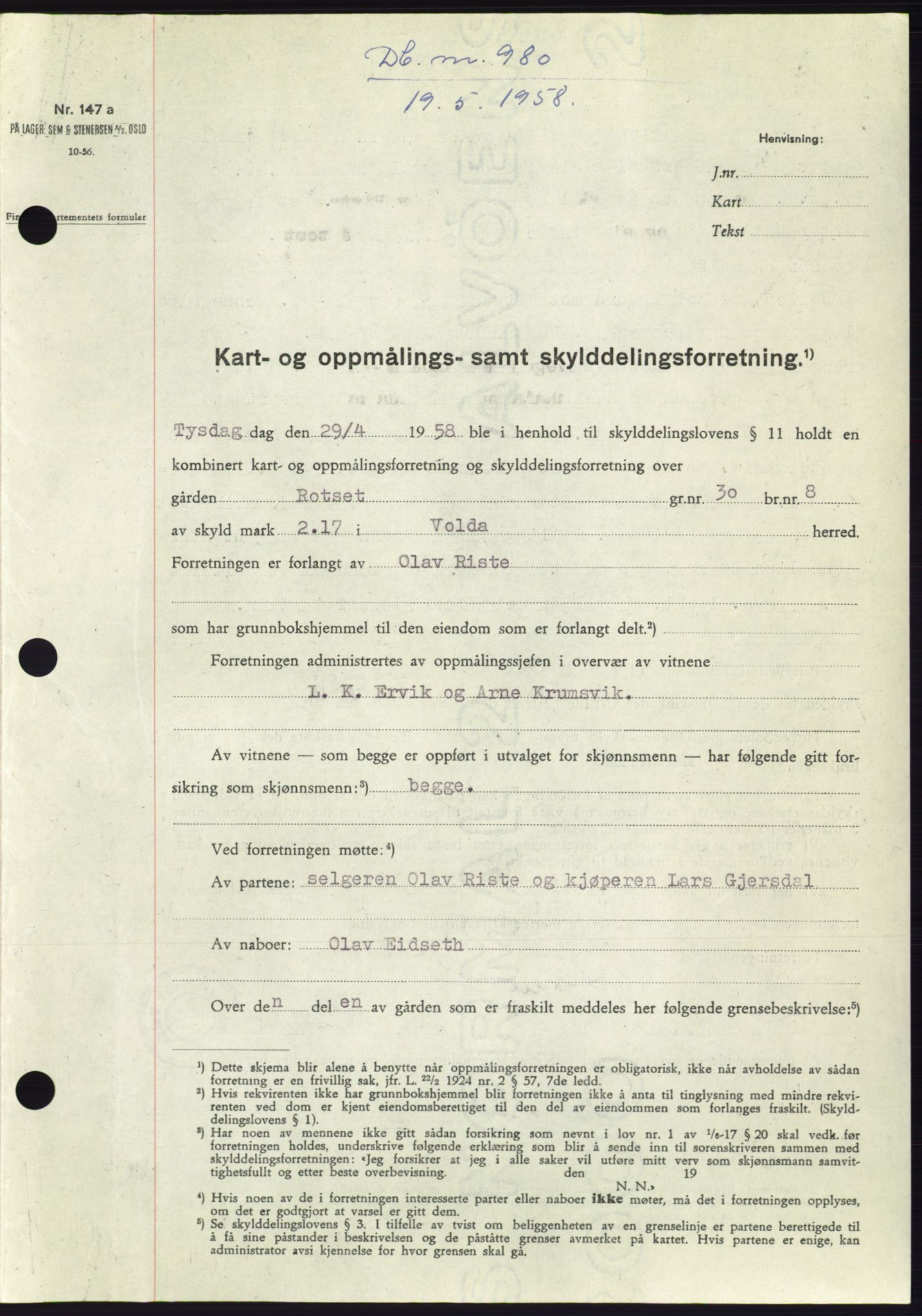 Søre Sunnmøre sorenskriveri, SAT/A-4122/1/2/2C/L0109: Pantebok nr. 35A, 1958-1958, Dagboknr: 980/1958