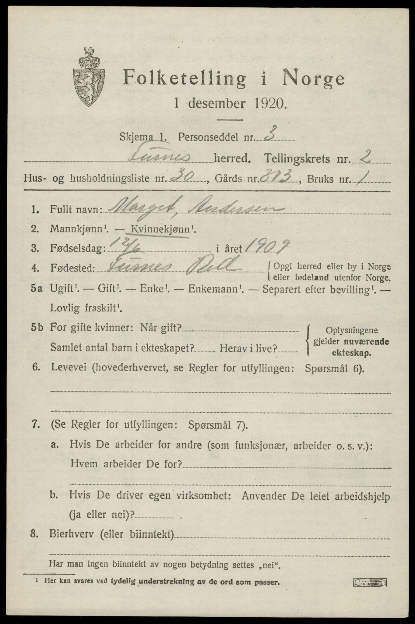 SAH, Folketelling 1920 for 0413 Furnes herred, 1920, s. 3405