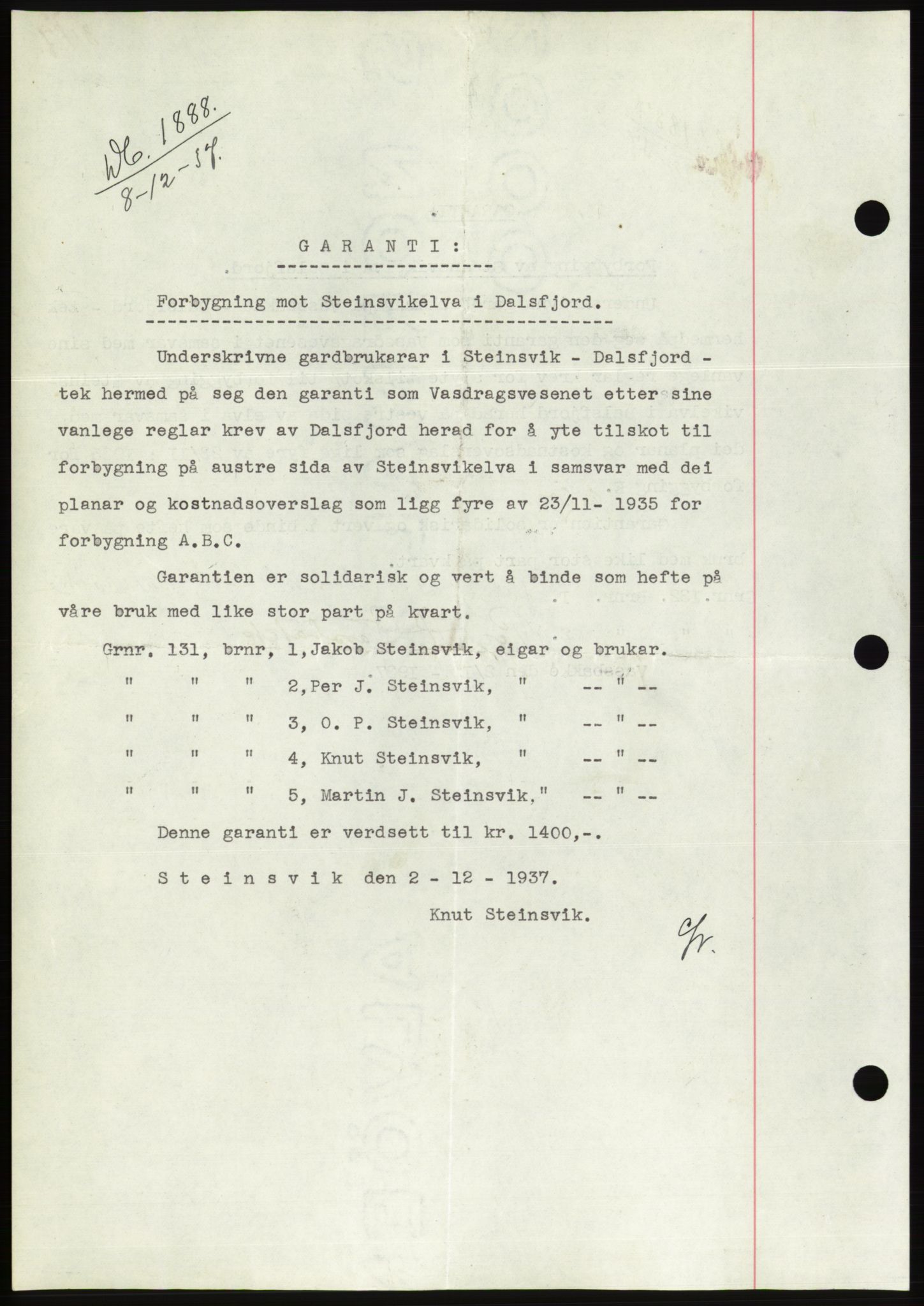 Søre Sunnmøre sorenskriveri, SAT/A-4122/1/2/2C/L0064: Pantebok nr. 58, 1937-1938, Dagboknr: 1888/1937