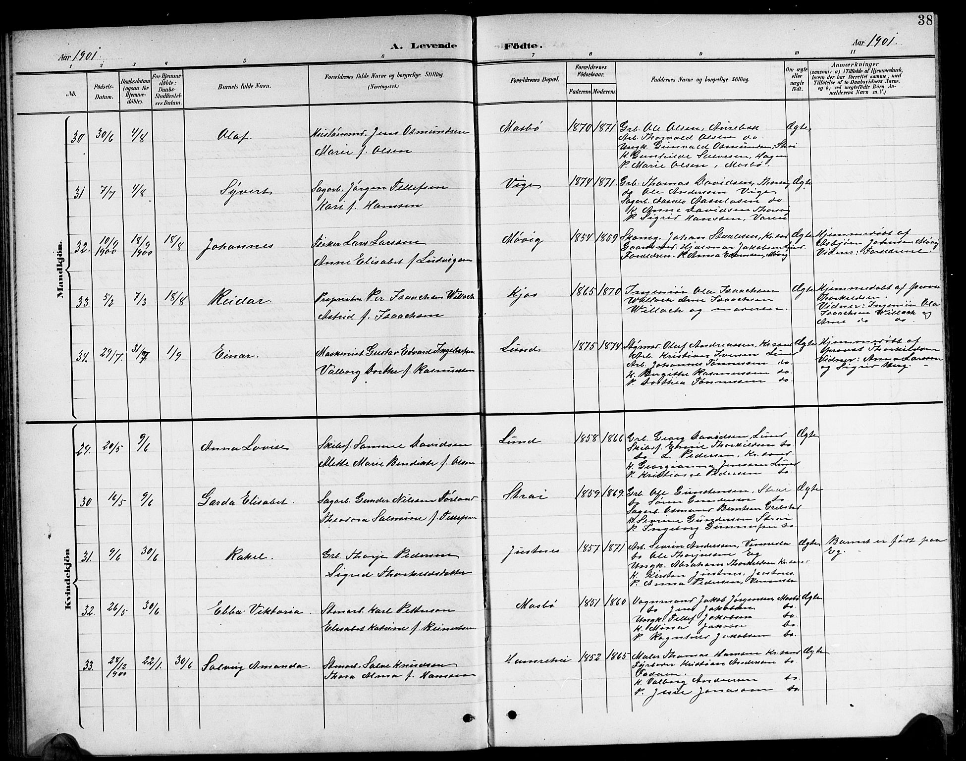 Oddernes sokneprestkontor, AV/SAK-1111-0033/F/Fb/Fba/L0009: Klokkerbok nr. B 9, 1899-1923, s. 38