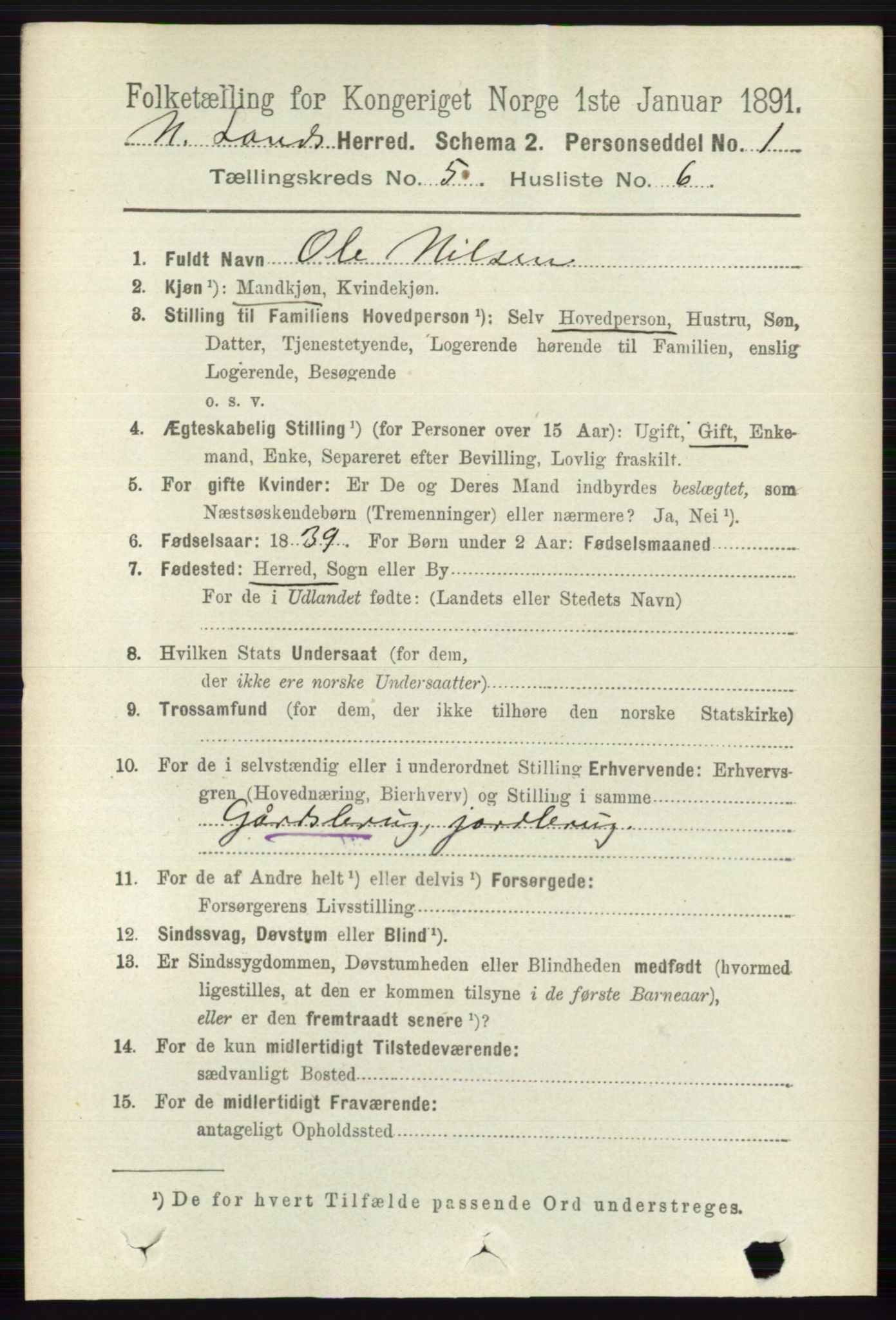 RA, Folketelling 1891 for 0538 Nordre Land herred, 1891, s. 1580