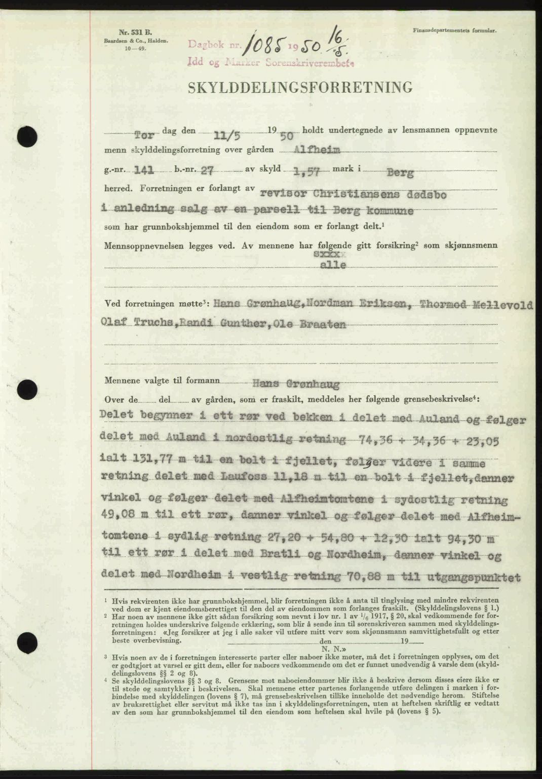 Idd og Marker sorenskriveri, AV/SAO-A-10283/G/Gb/Gbb/L0014: Pantebok nr. A14, 1950-1950, Dagboknr: 1085/1950