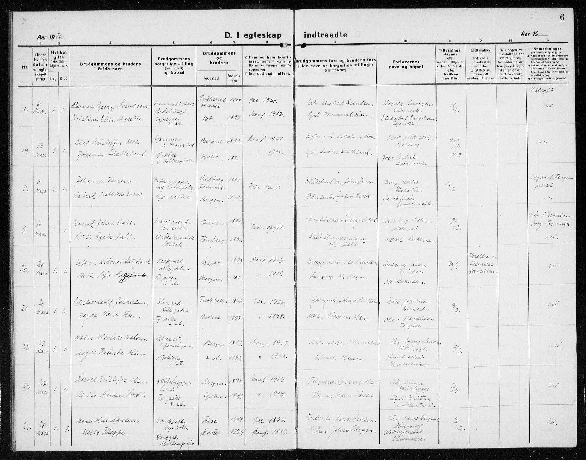 Årstad Sokneprestembete, AV/SAB-A-79301/H/Hab/L0020: Klokkerbok nr. C  2, 1920-1935, s. 6