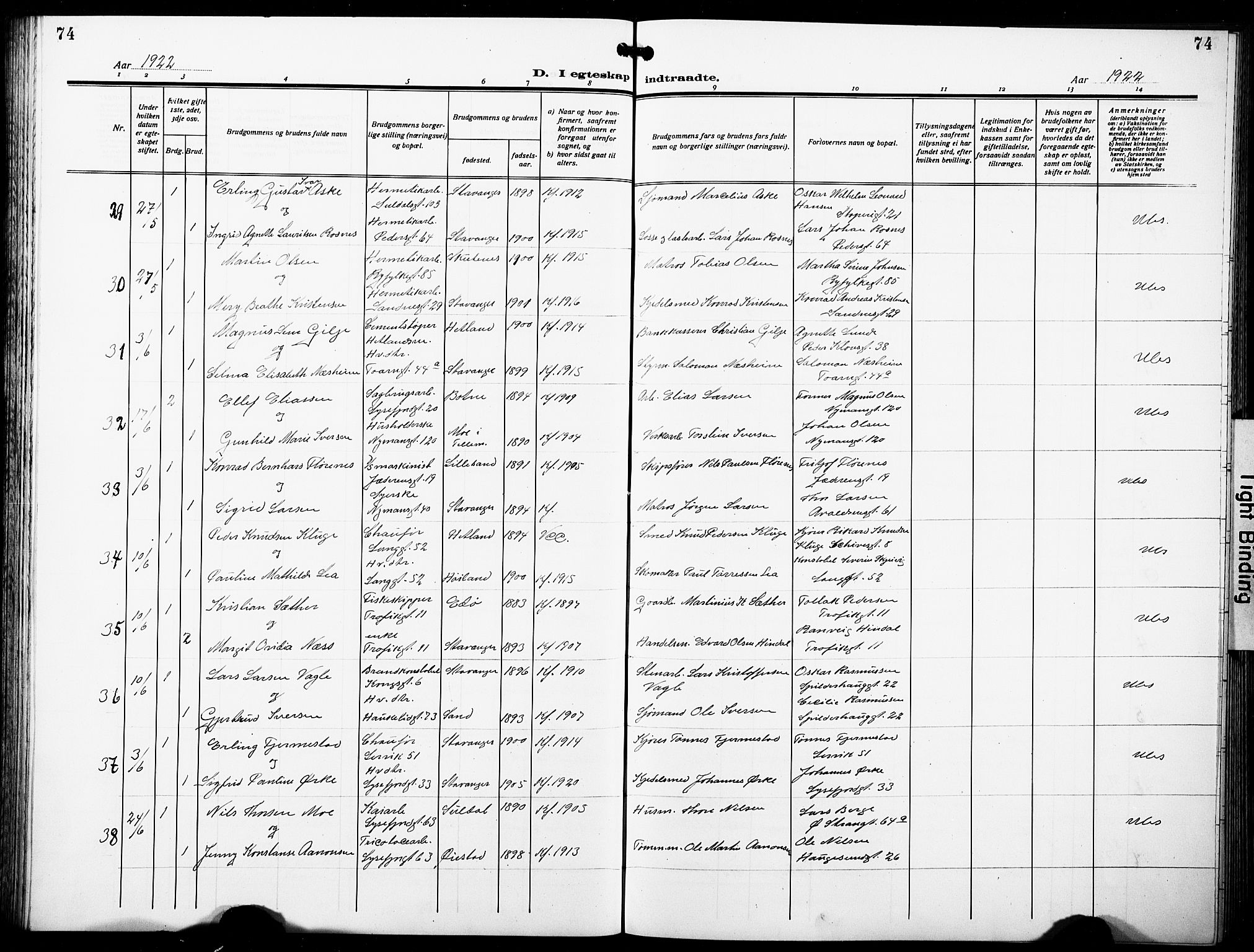 St. Johannes sokneprestkontor, AV/SAST-A-101814/001/30/30BB/L0007: Klokkerbok nr. B 7, 1917-1932, s. 74