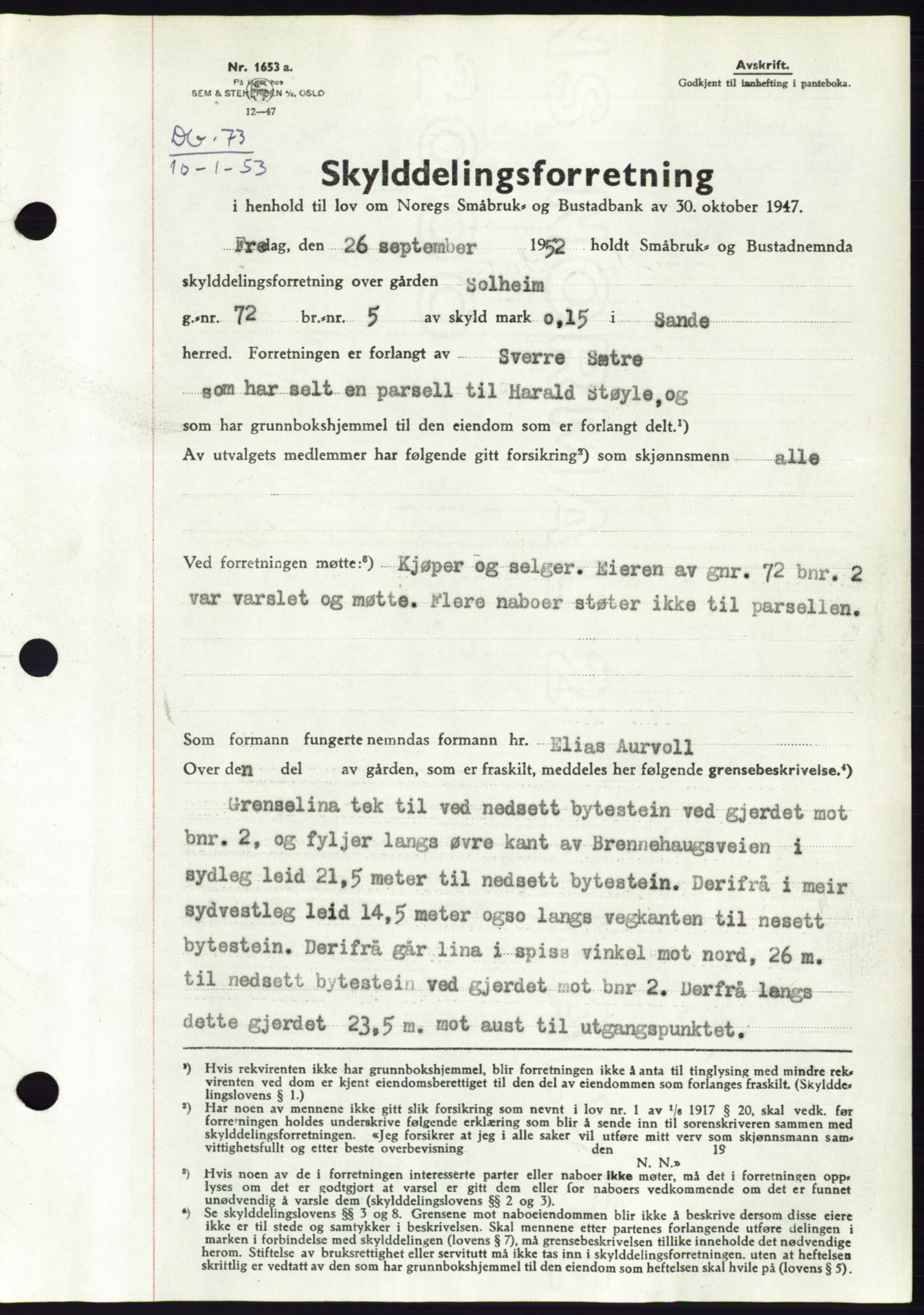 Søre Sunnmøre sorenskriveri, SAT/A-4122/1/2/2C/L0093: Pantebok nr. 19A, 1952-1953, Dagboknr: 73/1953
