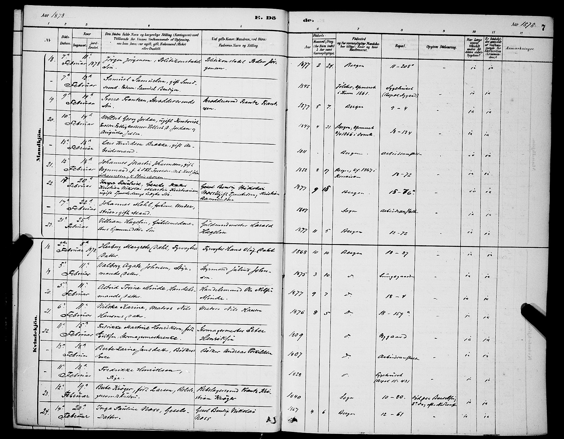 Domkirken sokneprestembete, AV/SAB-A-74801/H/Hab/L0041: Klokkerbok nr. E 5, 1878-1900, s. 7