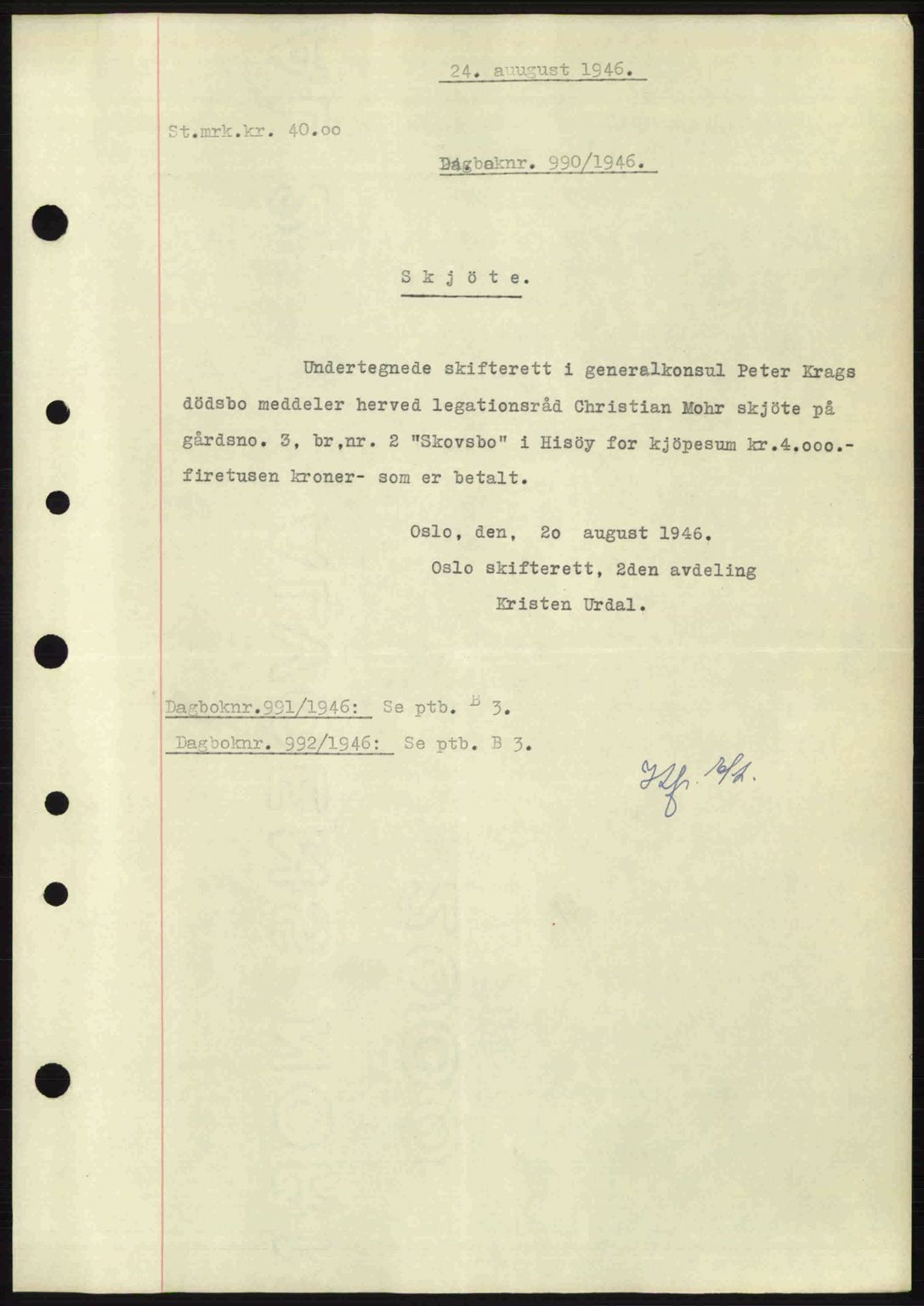 Nedenes sorenskriveri, AV/SAK-1221-0006/G/Gb/Gba/L0055: Pantebok nr. A7, 1946-1946, Dagboknr: 990/1946