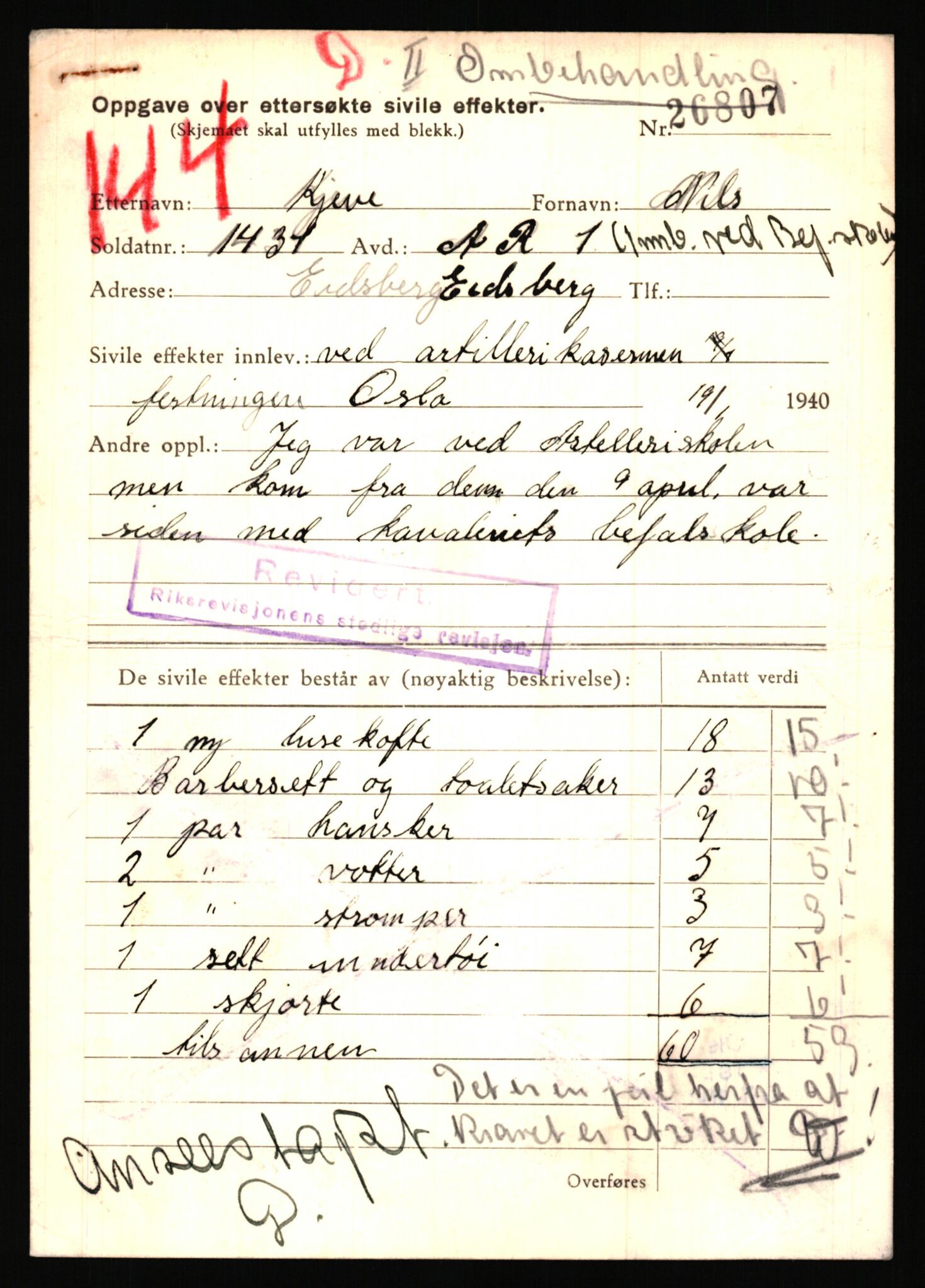 Justisdepartementet, Oppgjørsavdelingen, AV/RA-S-1056/G/Gb/L0044: Oppgaver over ettersøkte sivile effekter. Kjeve, Harry - Knuts, Otto, 1940-1942, s. 5